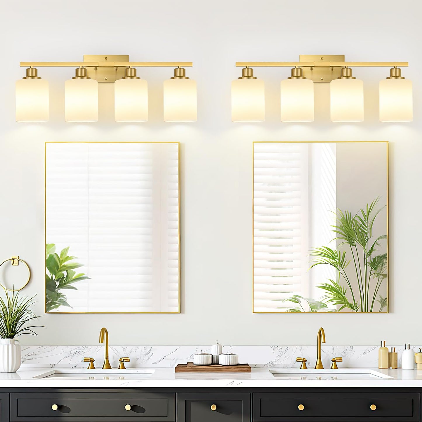 MOKATNG 4-Light Bathroom Light Fixtures, Brushed Gold Vanity Light with Milky White Shades, Bathroom Lighting Fixtures Over Mirror, Modern Bathroom Wall Lamp for Mirror Living Room Cabinet Bedroom