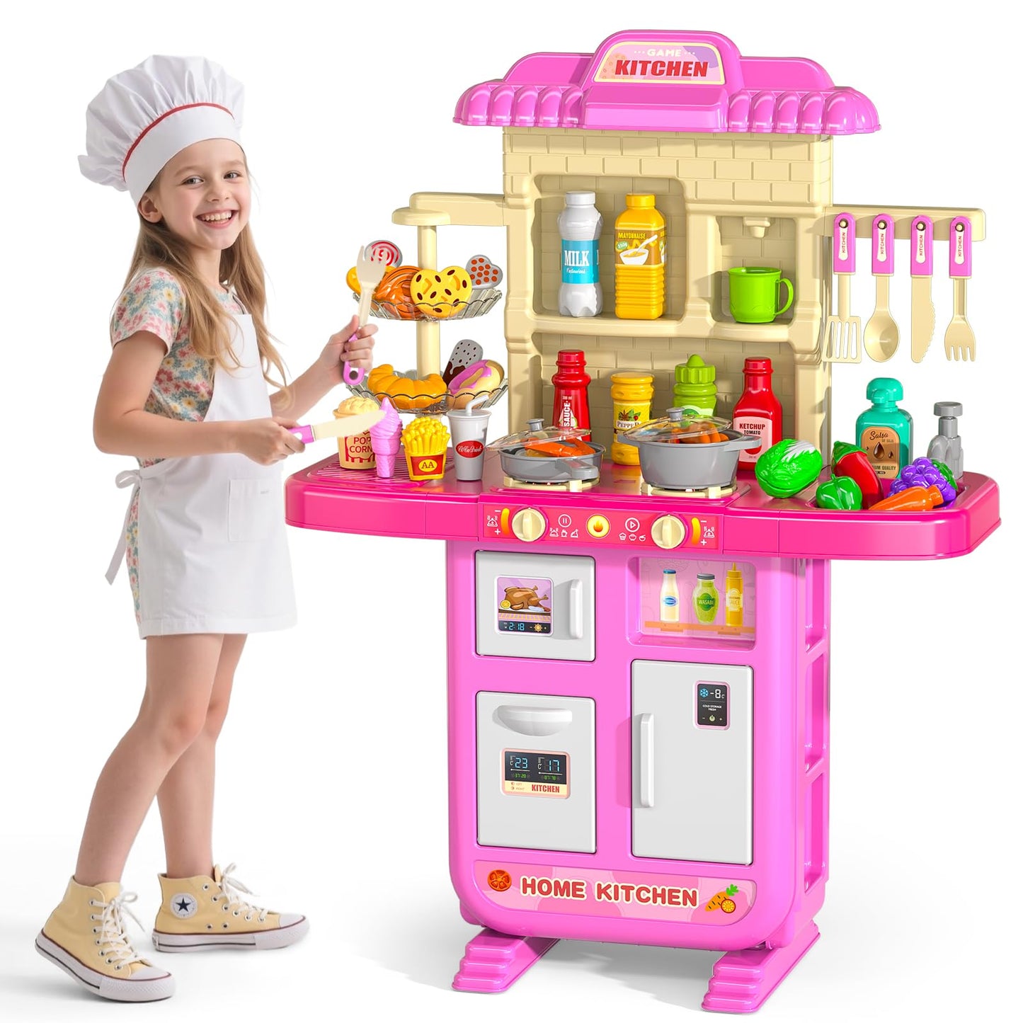 MSKOLER 36 in Kids Kitchen Playset for Ages 2-6 4-8, Play Kitchen with Light, Sound and Spraying, Sink Toy Accessories, Cooking Stoves, Pretend Food Toys for Toddlers 1-3 3-5 Boys Girls 6-12 (Pink)
