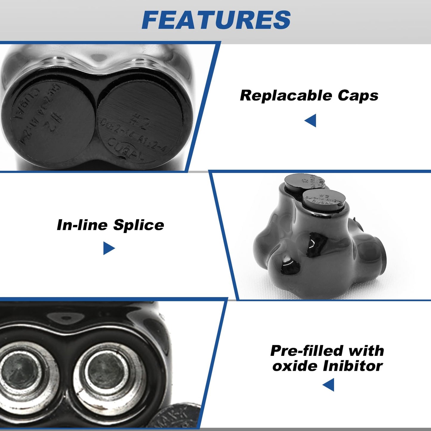 Black Multi-Tap Insulated Wire Connectors -2 Port Single-Sided Entry - 2-14 AWG Wire Range -Slotted or 5/32" Allen Hex -Dual-Rated Aluminum to Copper Wire Connectors -6061-T6 CU9AL -(16 Pack)