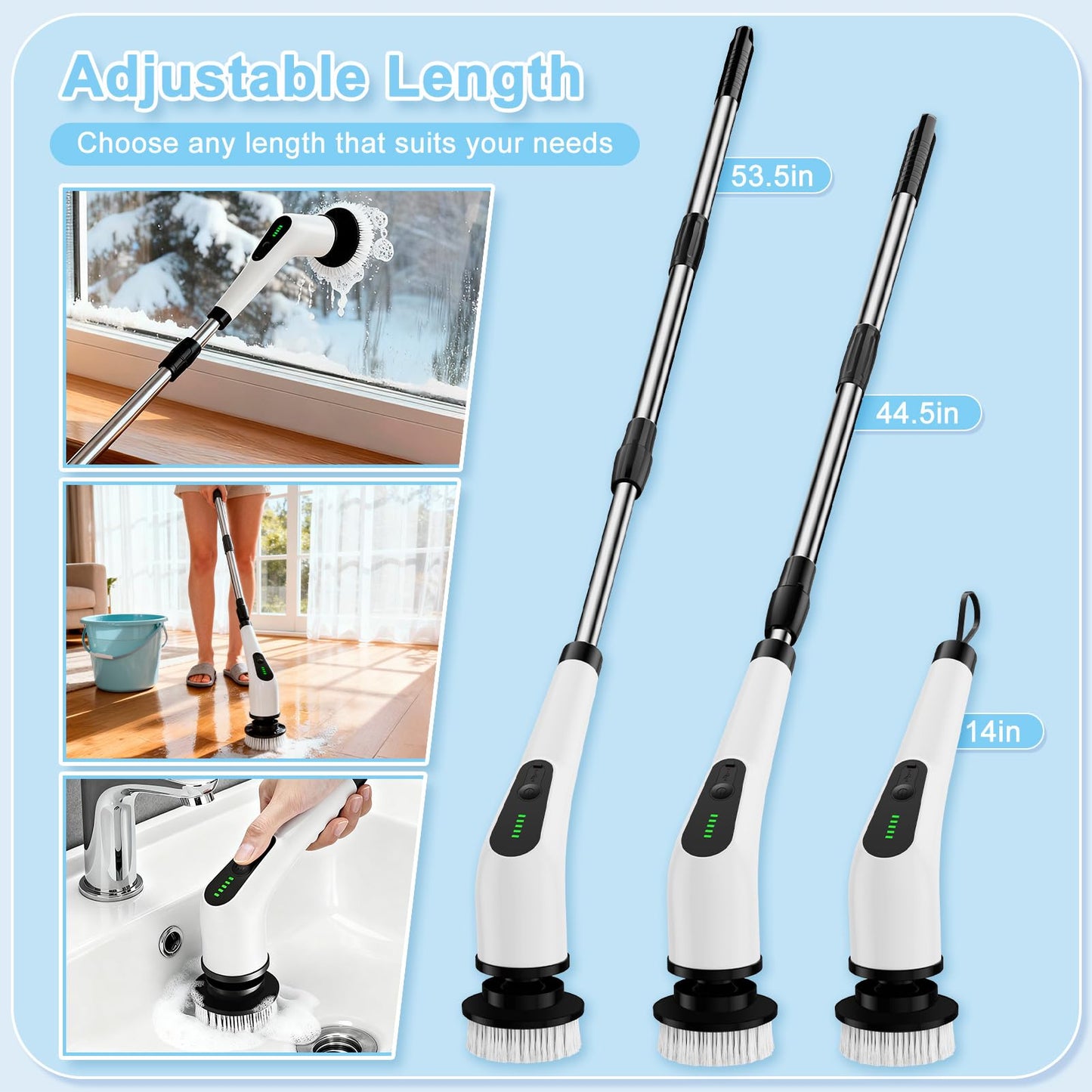 Homlab Electric Spin Scrubber, Cordless Cleaning Brush with 8 Replaceable Brush Heads, Shower Scrubber with Adjustable Extension Handle, Waterproof Power Scrubber for Bathroom Tile Floor Tub Car Walls