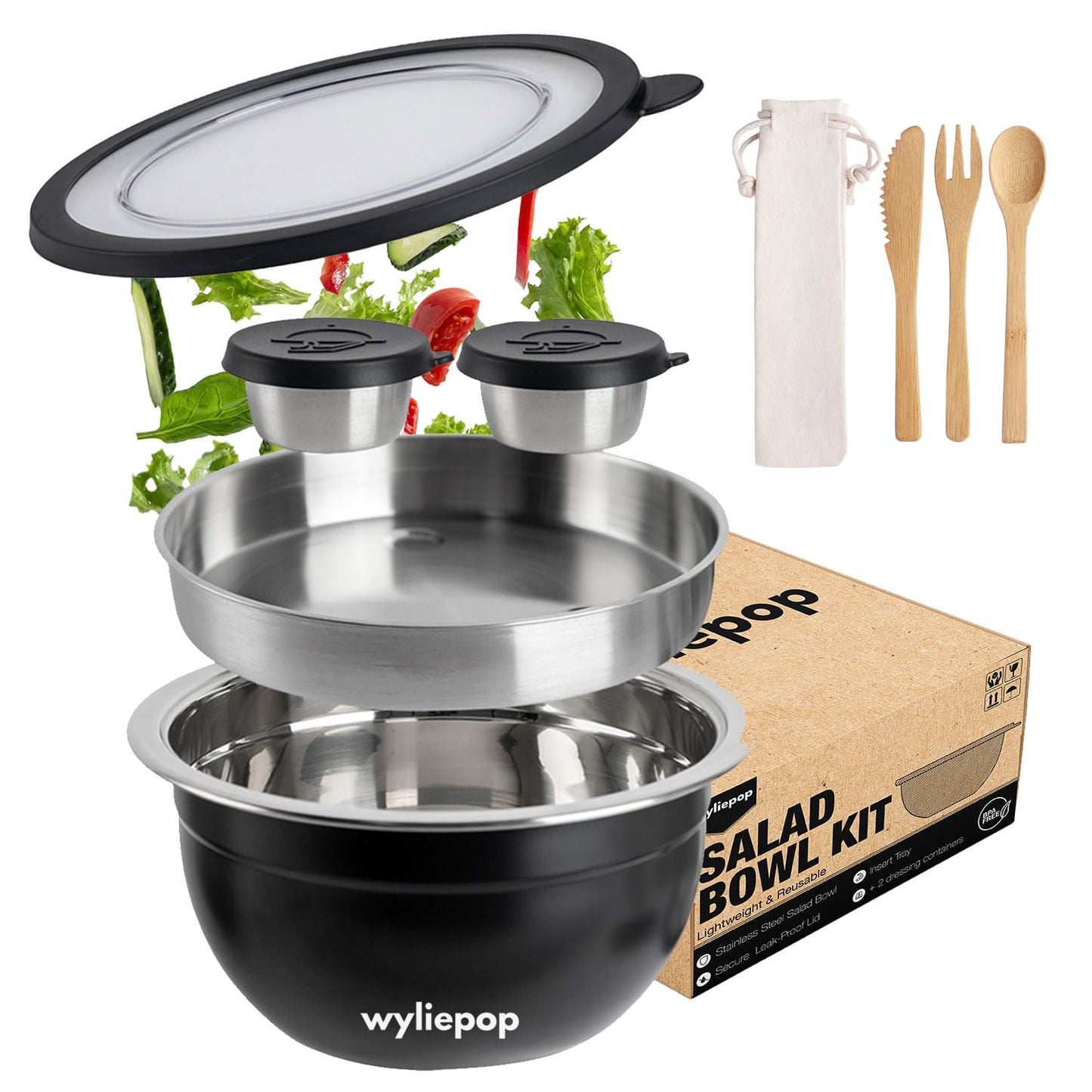 Wyliepop 64oz Stainless Steel Salad Bowl Kit & 3Pcs Bamboo Cutlery Set with 2x Condiment Containers, Insert Tray, Bowl & Leakproof Lid - Salad Bowl To Go Lunch Portable Reusable
