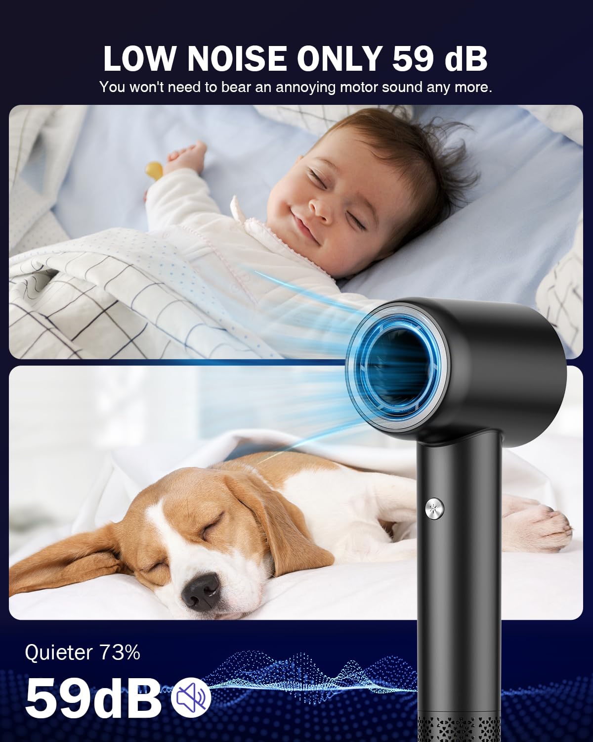 Hair Dryer, High Speed Negative Ionic Blow Dryer with 110, 000 RPM Brushless Motor for Fast Drying, 1500W Low Noise Thermo-Control 4 Temps & 3 Speeds Hairdryer with Magnetic Nozzle for Hair Care, Home