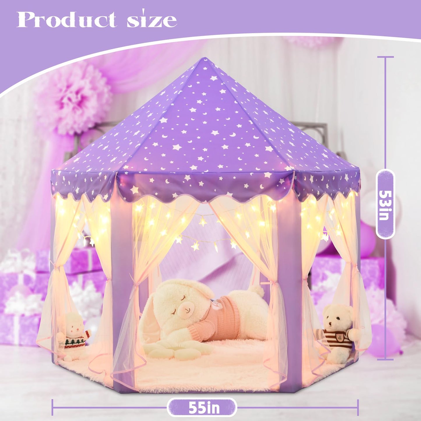KIXINWA Purple Princess Tent for Girls, Kids Play Tent with LED Small Star Lights, Castle Playhouse Tent for Children Toddlers Indoor Outdoor Games, 55×53 Inches