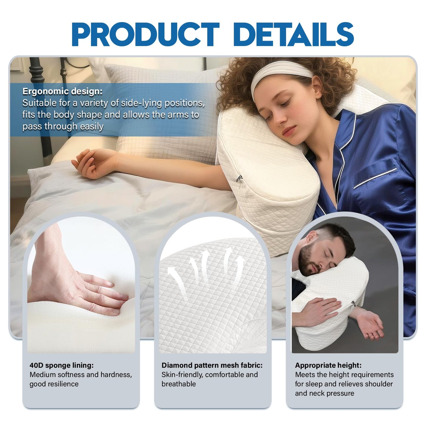 JZHLLA 5.5 Inch Pillow for Side Sleepers with Shoulder Pain Arm Channel Design, 40D Memory Foam for Support, Ergonomic Contour & Skin-Friendly Cover Relieves Pressure for Comfortable Sleep