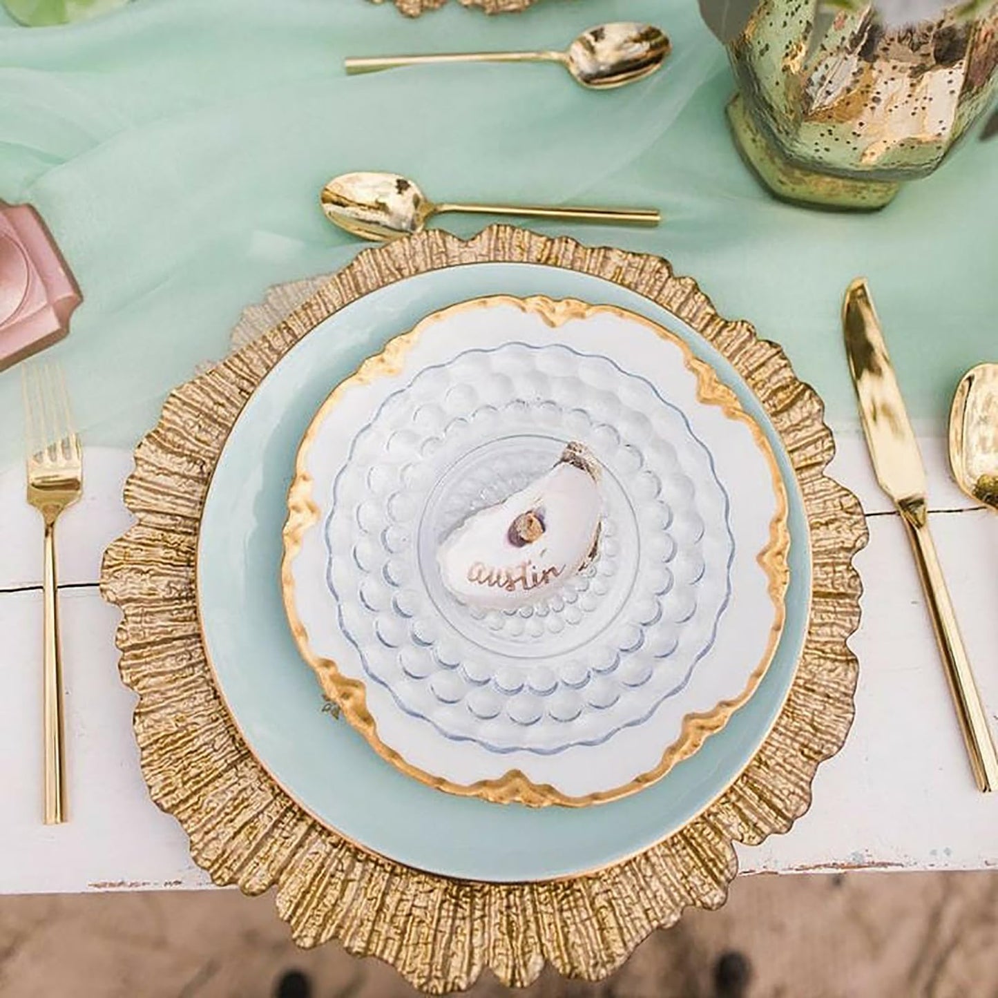 WUWEOT 12 Pack 13" Gold Charger Plates, Plate Chargers with Flora Reef Design, Plastic Round Ruffled Rim Dinner Charger Plates for Dinner Wedding Party Decoration