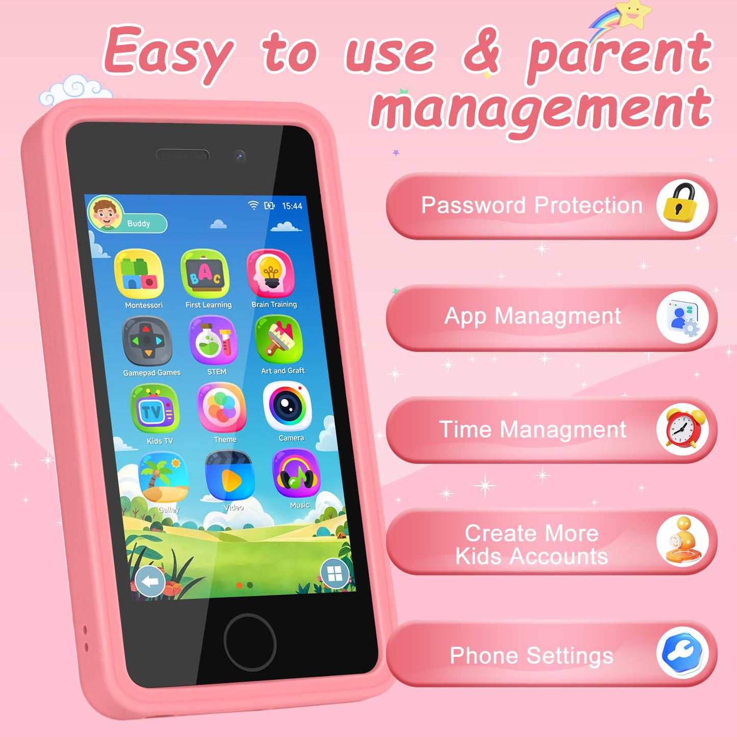 3.97" Touchscreen Kids Toys Smart Phone, Kids Phone with Games & Dual Camera, Toddler Toys Phone, Boys and Girls Learning Toy Phone for 3-9 Years Old (Pink)