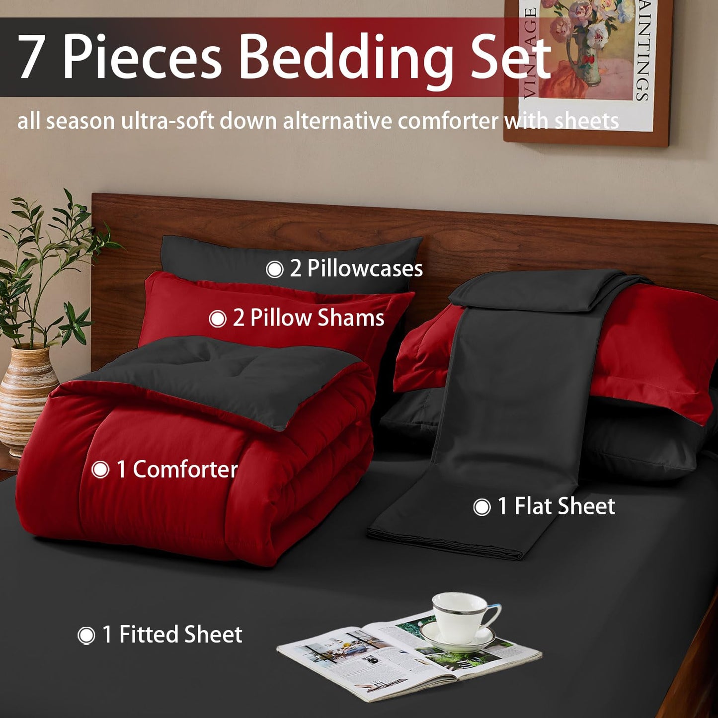 FUANNA Queen Comforter Set 7 Pieces, Reversible Queen Size Bed in a Bag with All Season Premium Comforter, Bedding Sets Includes Comforter, Flat Sheet, Fitted Sheet, Pillowcases & Shams, Red & Black