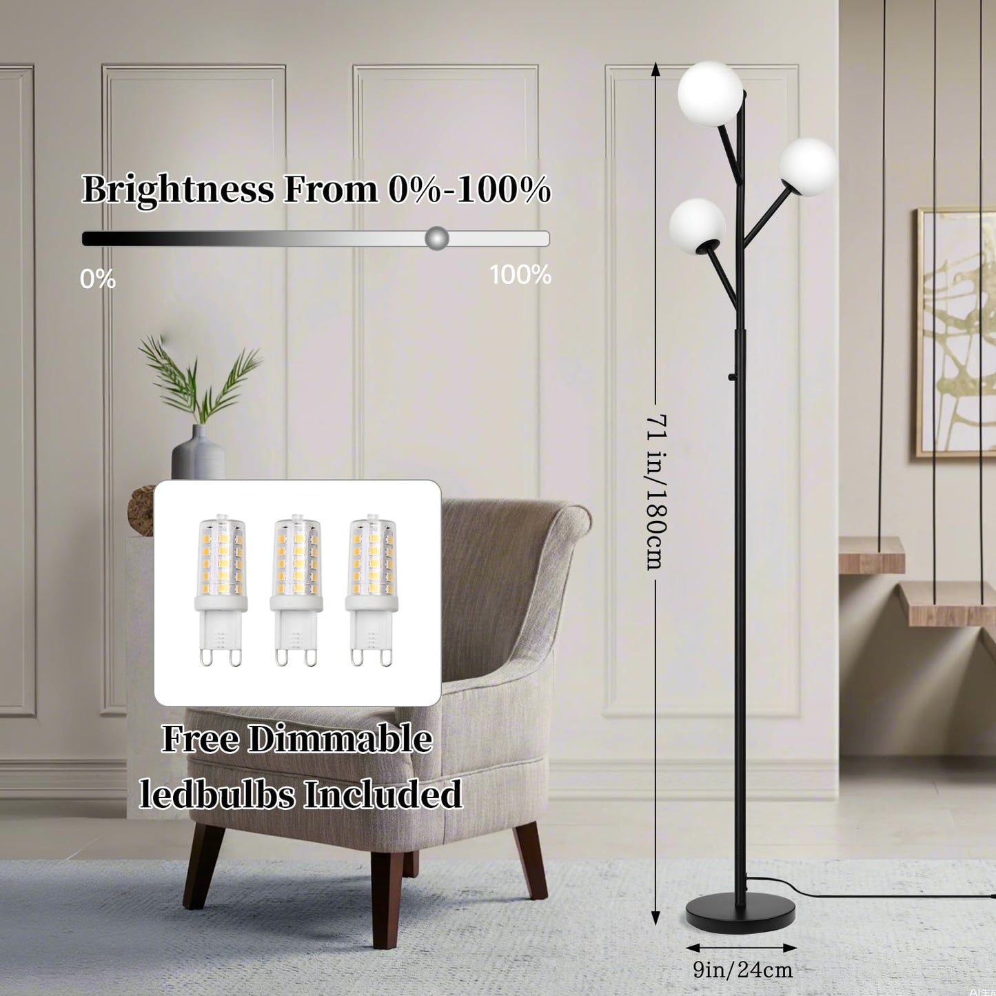 Ldeco 3-Globe Mid Century Black Tree Floor Lamp for Living Room,70in Tall Modern Stepless Dimmable Standing Lamp with Frosted Glass Shade for Office Bedroom, Study Room Bulbs Included(dimmer-Black)