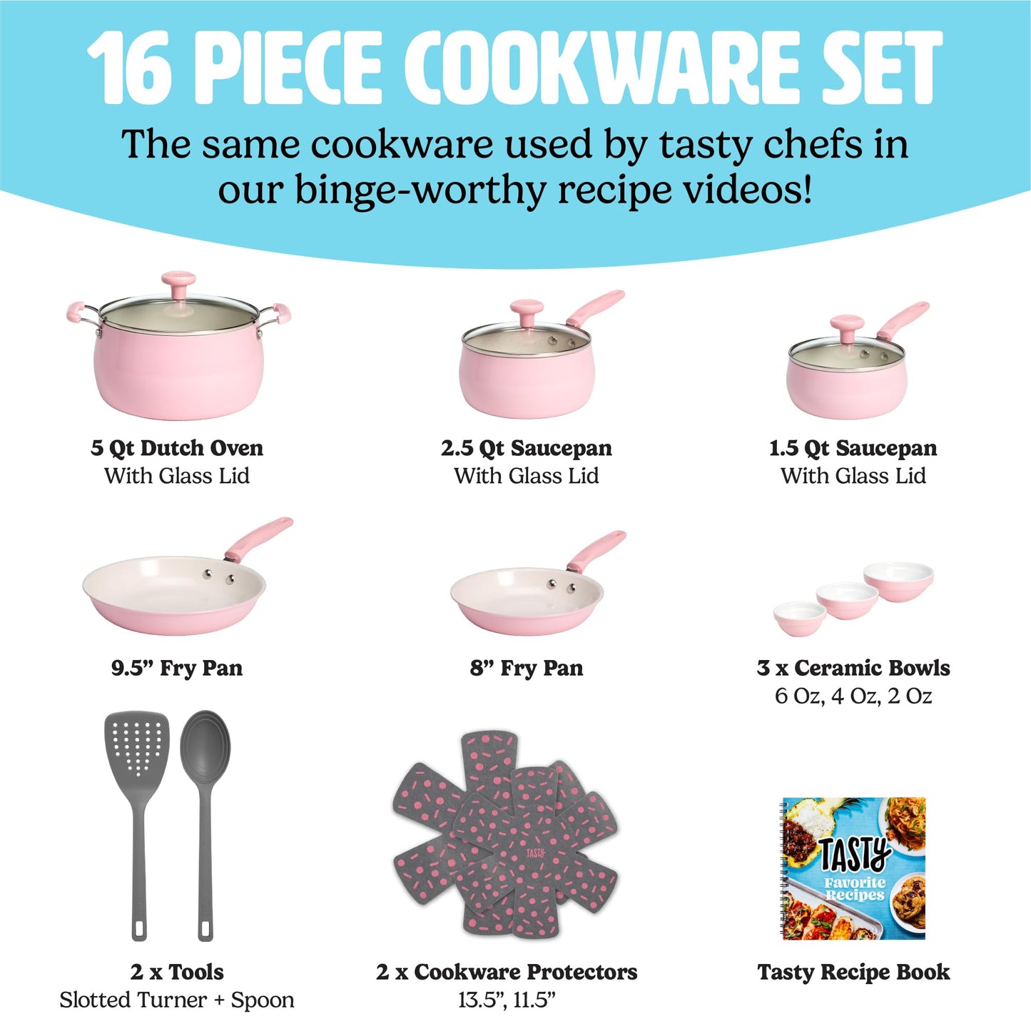 Tasty Clean Ceramic Non-Stick Aluminum Cookware Set, Tempered Glass Lid, Dishwasher Safe, 16-Piece, Pink