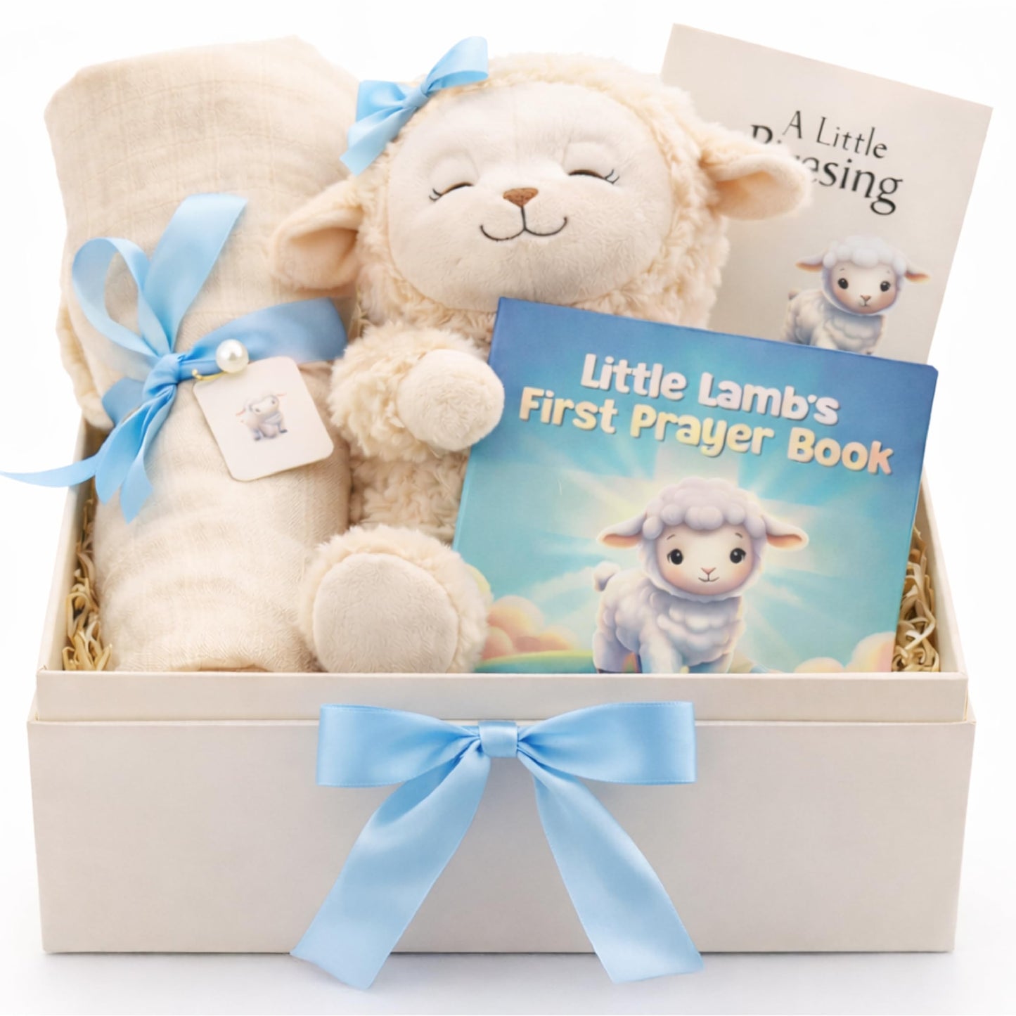 Highmark Collective Baptism Gift for Boy Baptism Set with 10" Praying Lamb Plush Toy with Blue Bow, Bamboo Muslin Blanket & First Prayer Book, Ready to Gift Keepsake Box