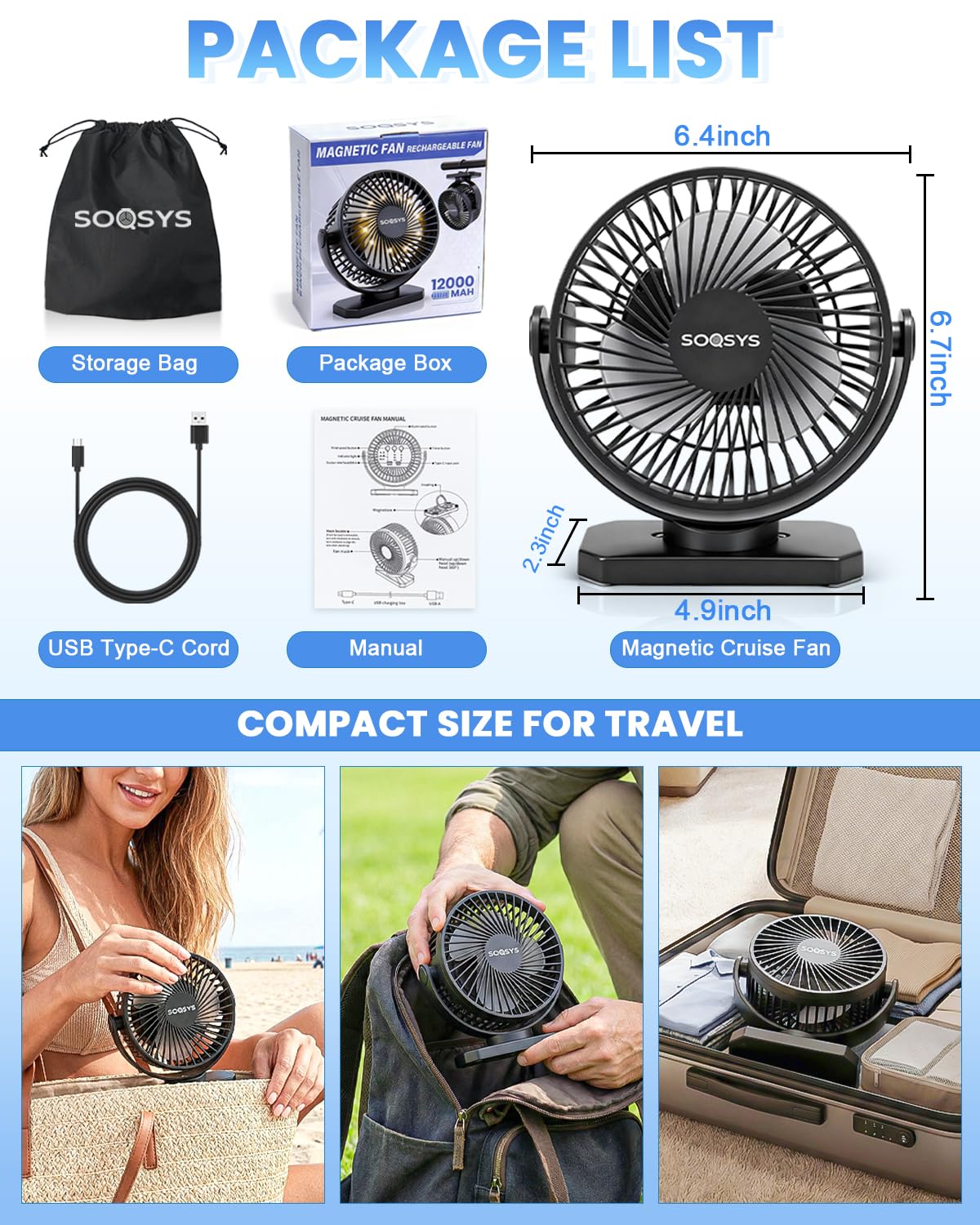 SOQSYS 2 Pack Cruise Approved Magnetic Fan with 12000mAh Rechargeable Battery, Cruise Fan with 3 Speeds, Timer, Led Lights, Bottom Hook, Portable Fans for Camping Travel Cruise Essentials