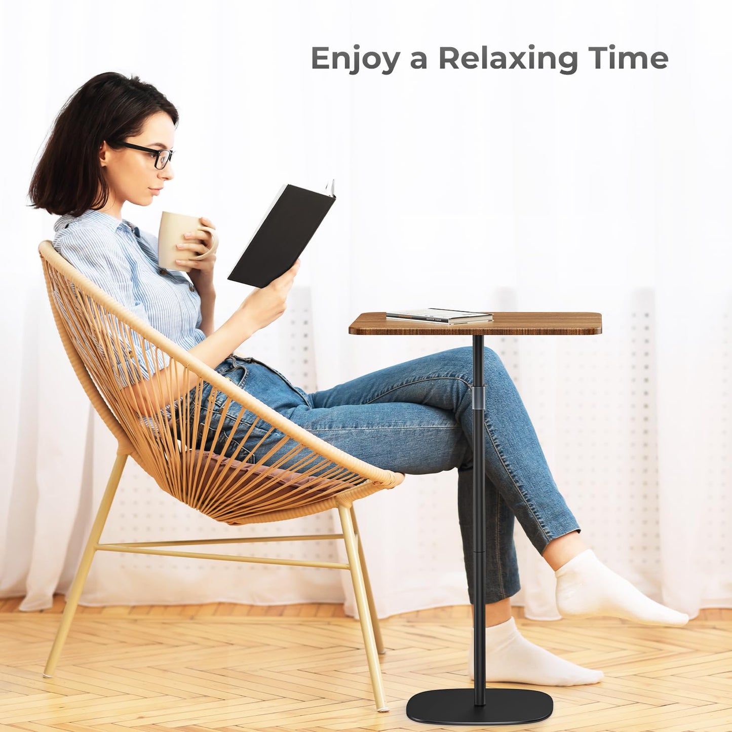 POLESTO Portable Laptop Floor Stand, Bedside/Sofa Table with Height Adjustable 18''~48'', Sleek Wooden Lectern Standing Desk Mobile Podium for Home, Office, School, Black