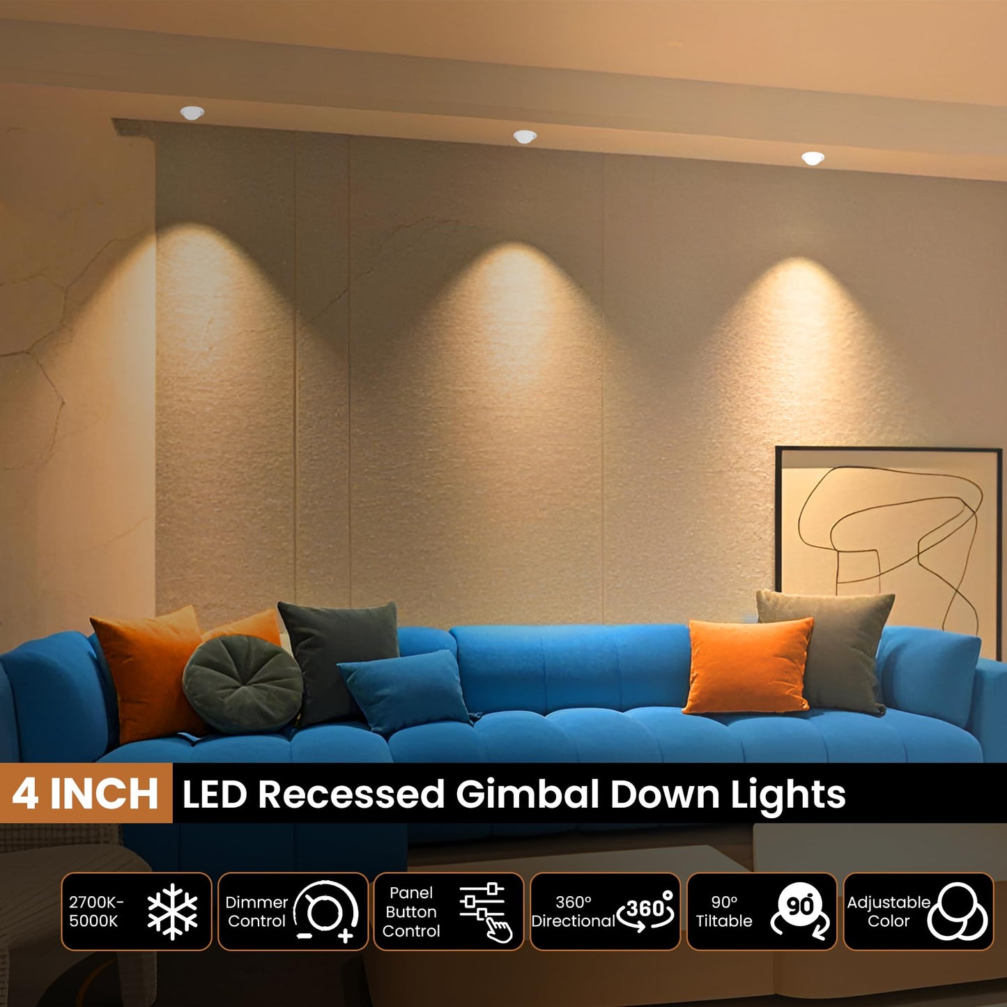 Oizuon Gimbal Recessed Lighting 4 Inch – 5CCT (2700K/3000K/3500K/4000K/5000K) with 90° Tilt & 360° Rotation, 750LM Dimmable Ceiling Light – 9W LED Kitchen Ceiling Light for Home, Office – 6 Pack