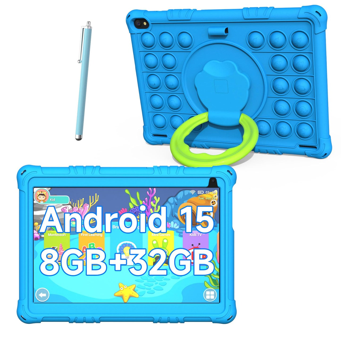 Android 15 Kids Tablet, 10 inch Tablets for Kids, 8GB RAM 32GB ROM 1TB Expand, Toddler Tablet with Parental Control, IPS Screen, Dual Camera, Educational, Games, Shockproof Case for Boys, Blue