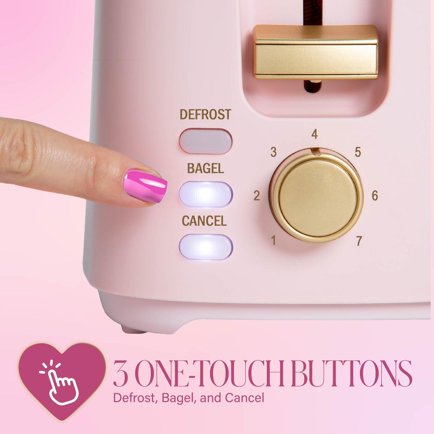 Paris Hilton 2-Slice Toaster, Extra-Wide Slots, 7 Browning Settings, Bagel & Defrost Functions, Removable Crumb Tray, Pink