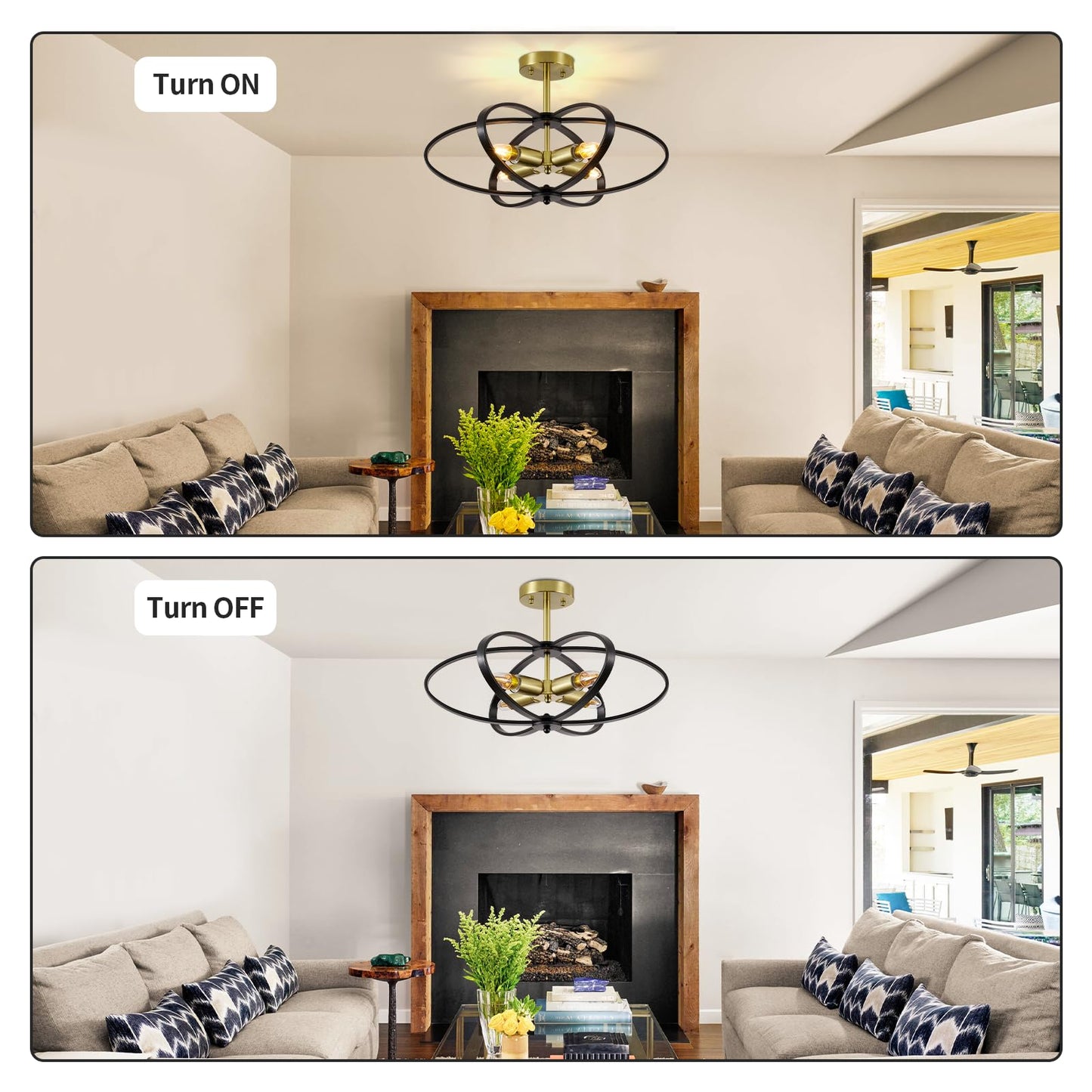 Semi Flush Mount Ceiling Light Chandelier 20'' Black and Gold Modern Light Fixtures Ceiling 4-Light Farmhouse Chandelier Style Flower Shape for Bedroom,Kitchen,Porch,Hallway