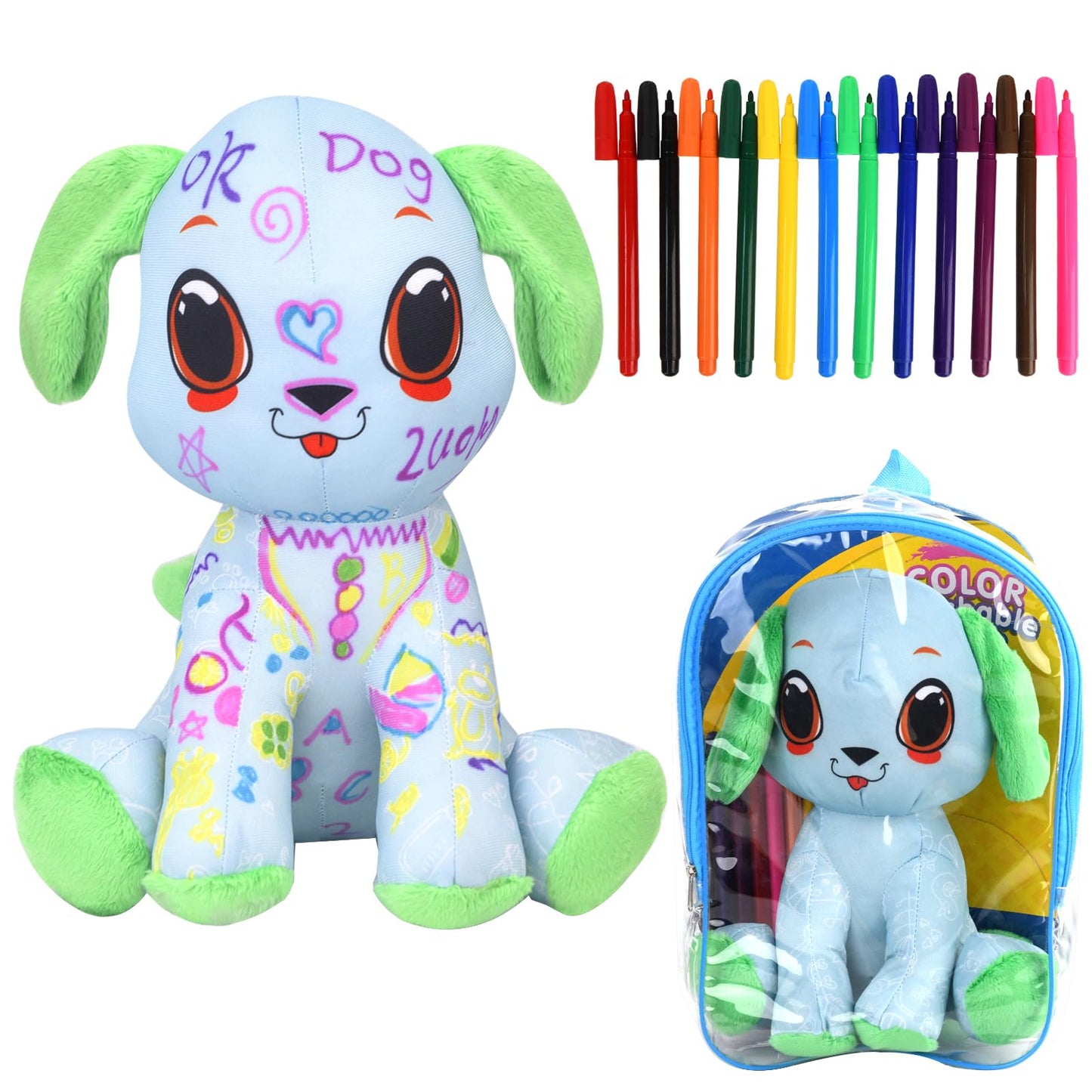 DIY Coloring Plush Toy with Washable Markers, Scribble Pets Stuffed Animal, Doodle Dolls Art Toy for Boys and Girls Ages 3-8, Birthday Gift (Green Puppy)