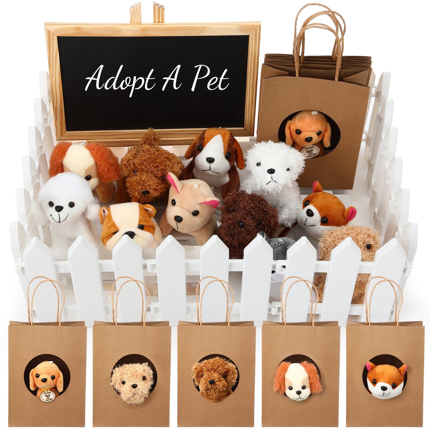 Arrowbash 36 Pcs Puppy Birthday Party Favor Mini Plush Stuffed Animal Dog Set with 10 White Plastic Fence 12 Kraft Paper Gift Bags Wooden Chalkboard Sign for Adopt a Pet Dog Birthday(Classic)