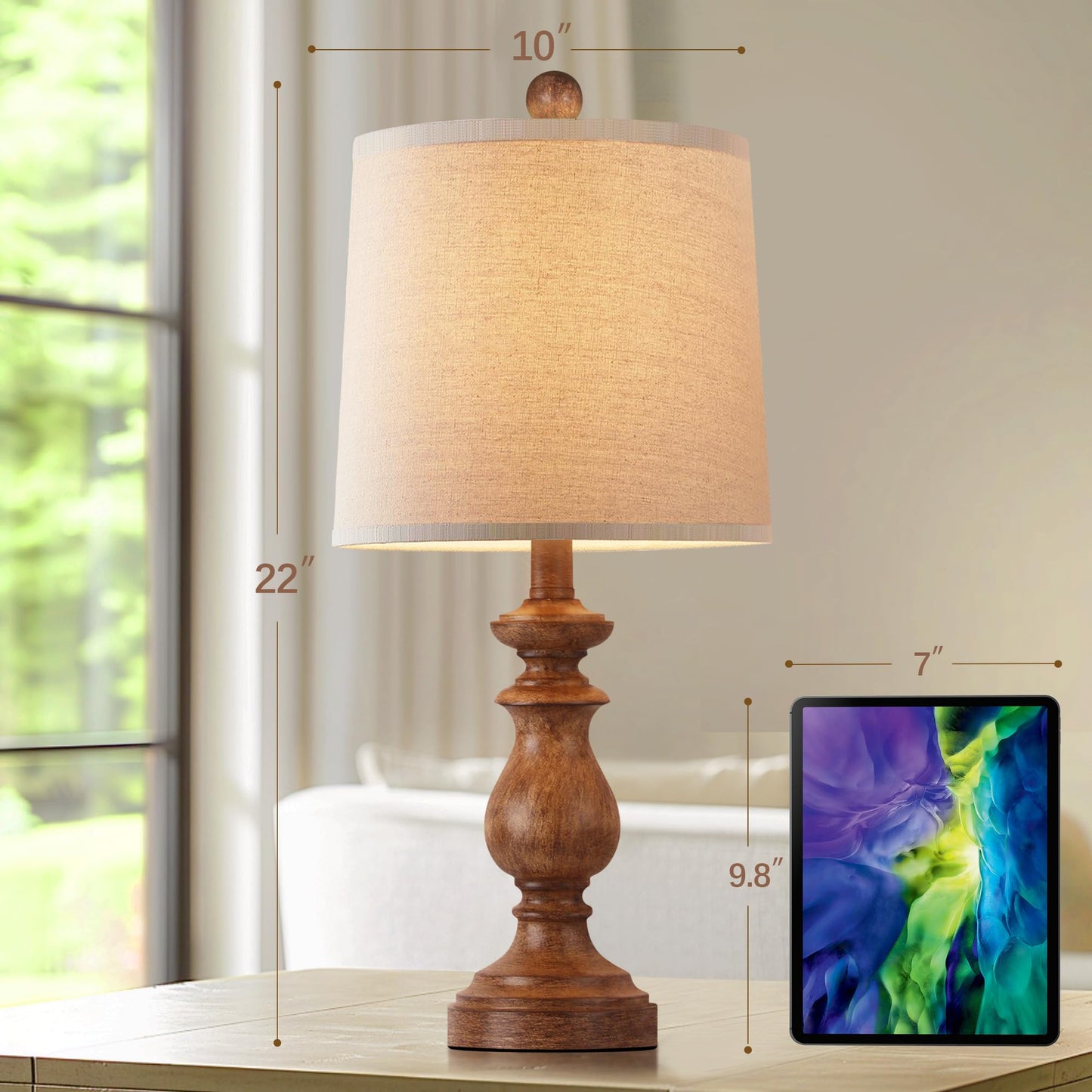 PARTPHONER Traditional Table Lamp Set of 2, Rustic Farmhouse Table Lamps for Living Room Bedroom, 22" Bedside Desk Lamps Vintage Nightstand Lamps with Linen Shades, Wood Grain