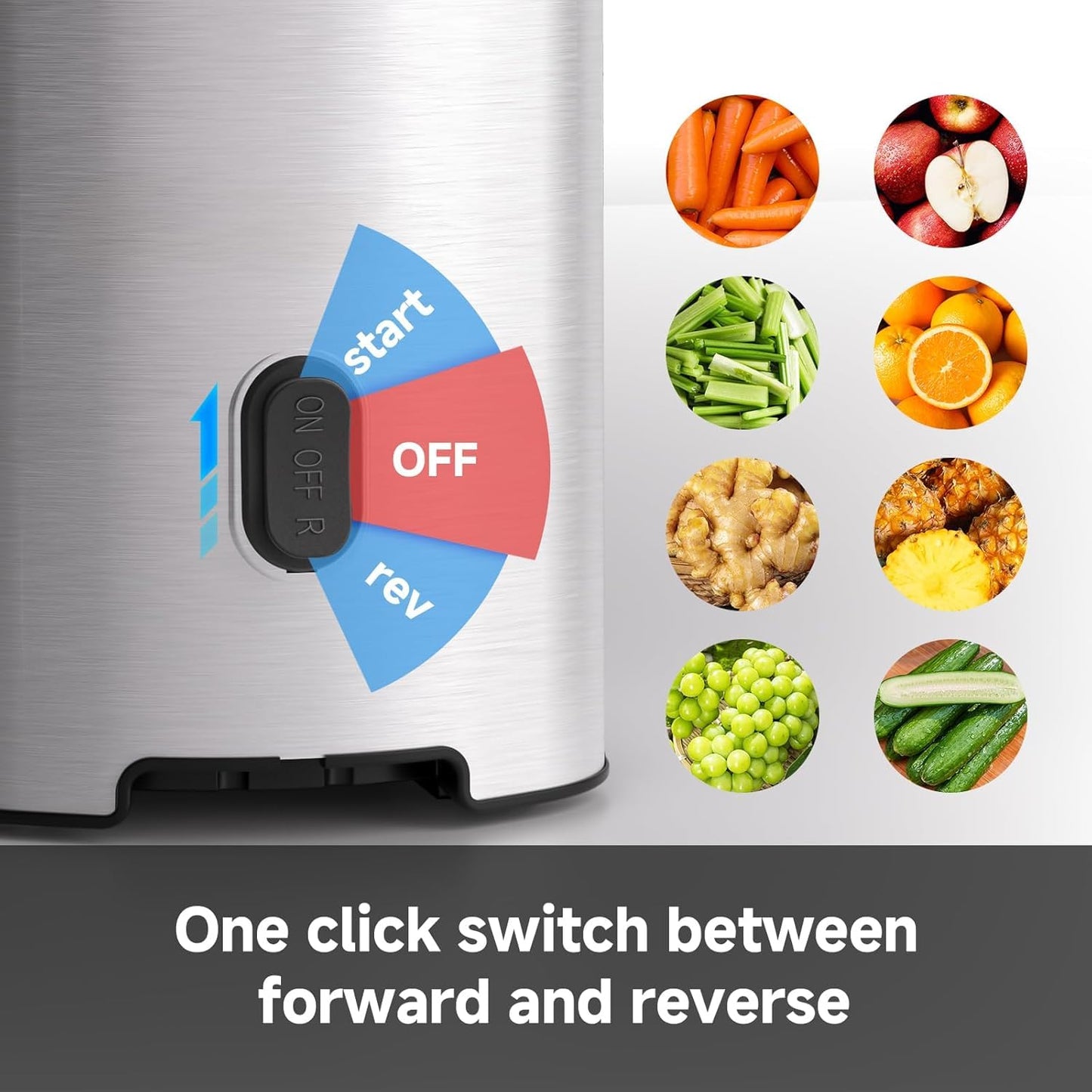 AMZCHEF Cold Press Juicer, Juicer Machines - 4.6" Large Feed Chute for Whole Fruits & Vegetables, Stainless Steel Slow Masticating Juicer Easy to Clean, Large Auger, Double Strainers, Silver