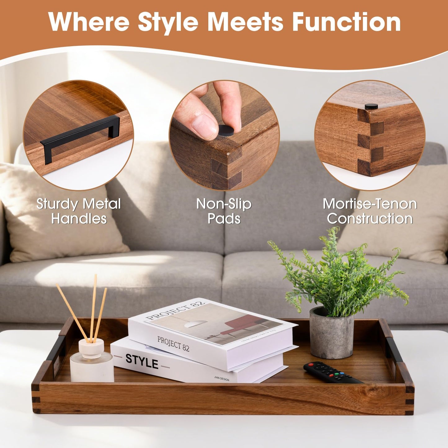 Large Ottoman Tray for Living Room and Coffee Table, Decorative Acacia Wood Serving Tray with Metal Handles for Breakfast in Bed, Dinner Food Kitchen TV (Natural, 24" x 15" x 2")