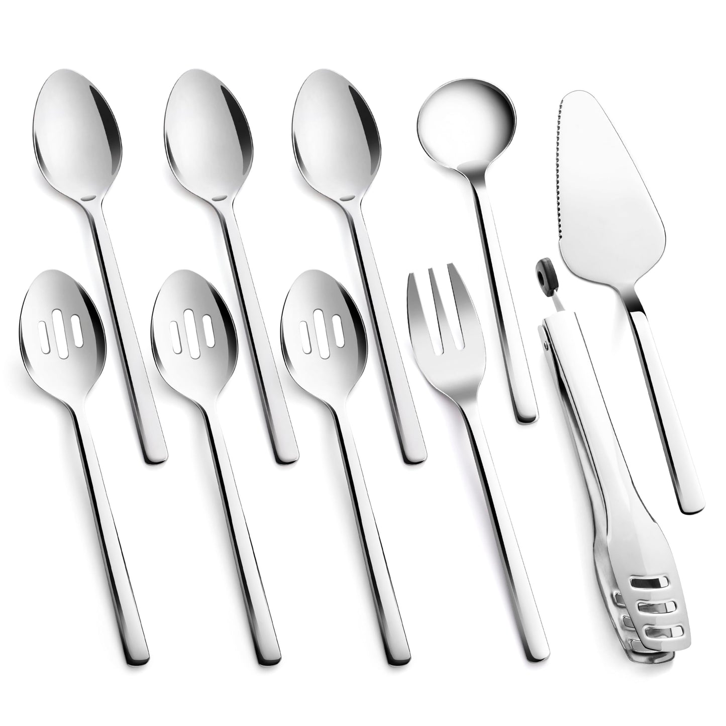 KINGSTONE Large Hostess Serving Utensils Set, Heavy Duty 18/10 Stainless Steel - 10 inch Serving Spoons, Slotted Spoons, Forks, Tongs, Cake Pie Server for Buffet, Wedding, Party