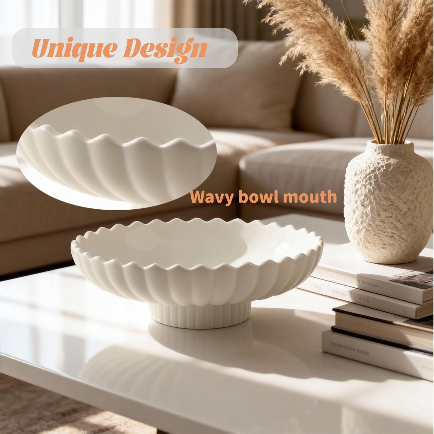 Yeatel Large Decorative Bowl, 10.6-Inch Handmade Modern Ceramic Centerpiece Bowl with Scalloped Edge, Perfect as Fruit Bowl, Key & Jewelry Catchall, Candy Bowl for Home, Kitchen, Entryway Table Decor