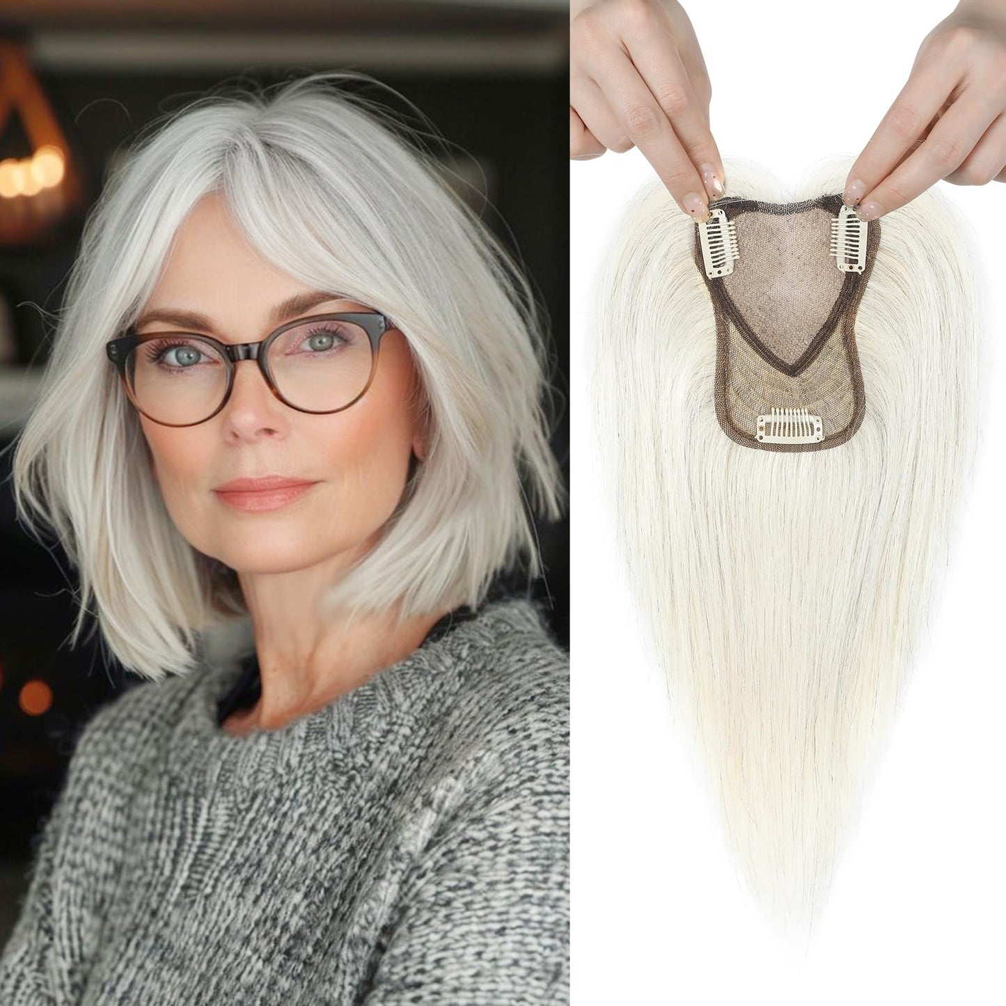 REECHO Real Human Hair Topper, 10 inch Women Hair Toppers for Thinning Hair, 100 Percent Human Hair Large Coverage Natural Hairpiece Wiglet, Swiss Base 4.5"x3.5", Silver White