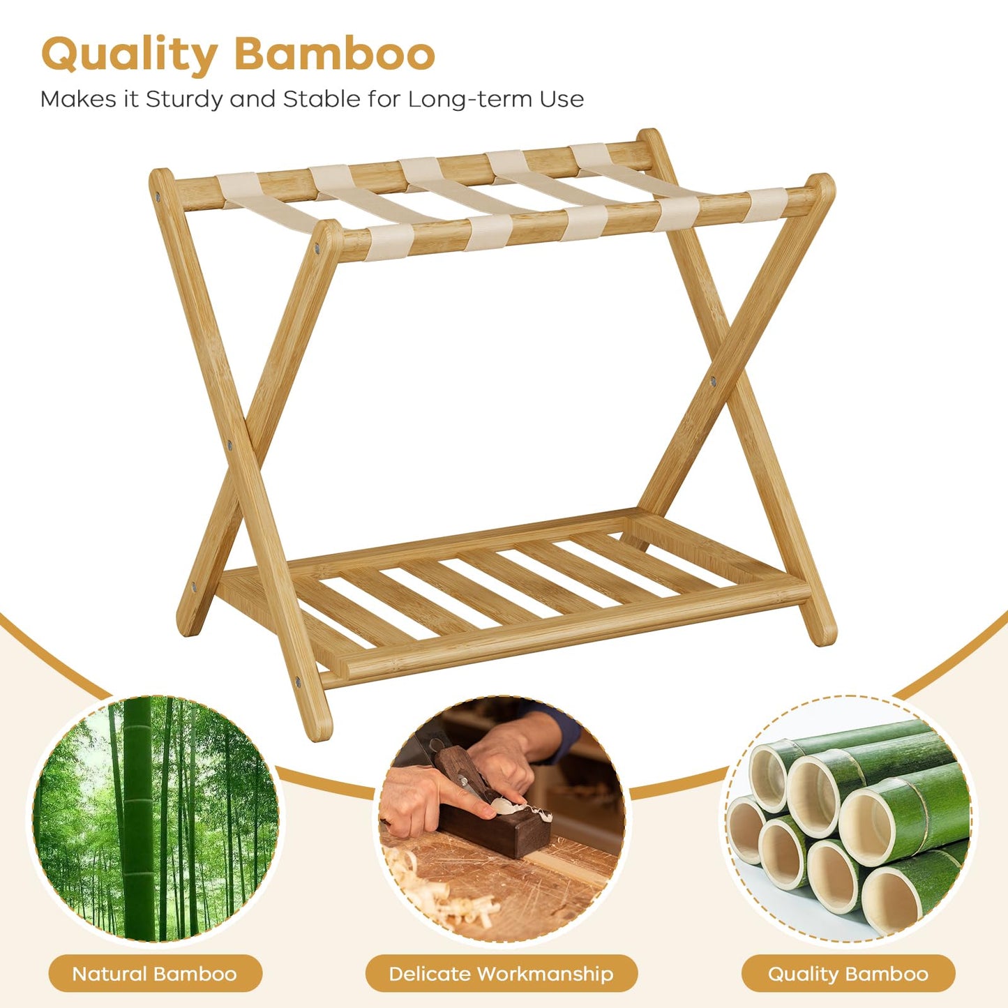 oakvivo Fully Assembled Luggage Rack, 26.77" Luggage Rack for Guest Room, Bamboo Folding Suitcase Stand with Storage Shelf, 5 Nylon Straps, Heavy Duty Luggage Holder for Bedroom Hotel, 1 Pack, Natural