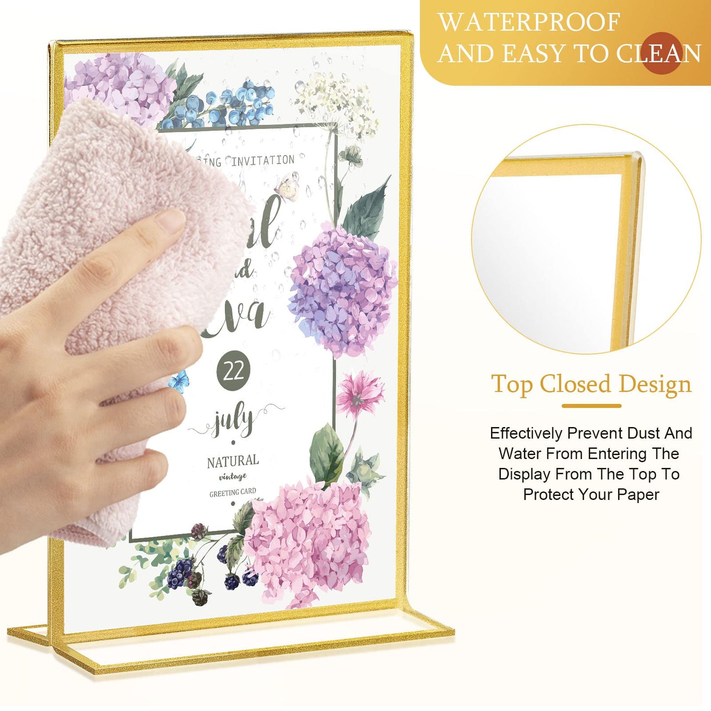 Hoteam 24 Pack Gold Acrylic Sign Holders, Gold Picture Frame, Clear Wedding Table Number Double Sided Acrylic Stand for Wedding Restaurant Photo Menu Art Event Display(4 x 6 Inch,Vertical)