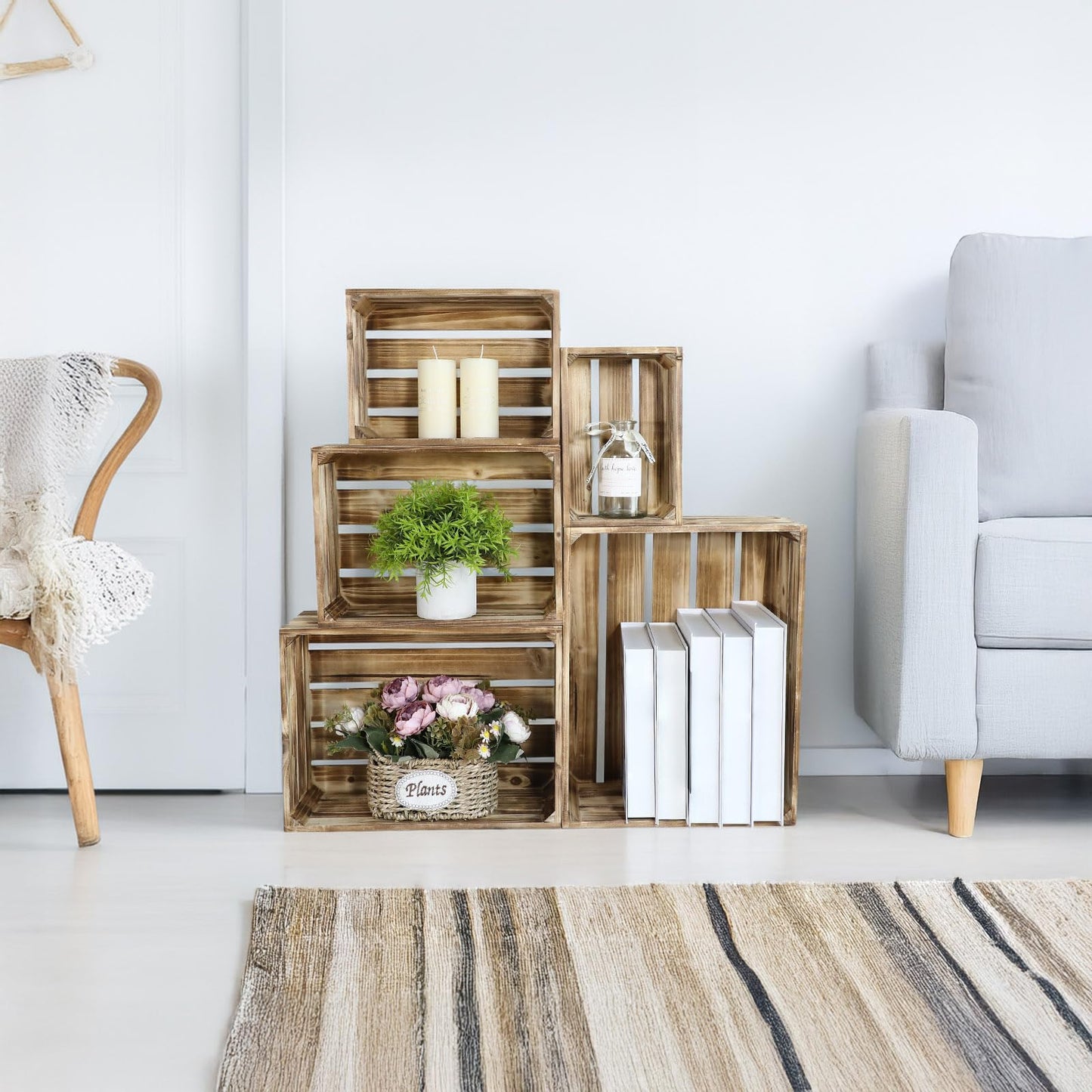 JUMBO HUMBLE Set of 5 Large Wooden Crates, Nesting Storage Crate with Handles, Rustic Torched Brown Farmhouse Wooden Crates for Display, Wedding Birthday Home Party Living Room Kitchen Decoration