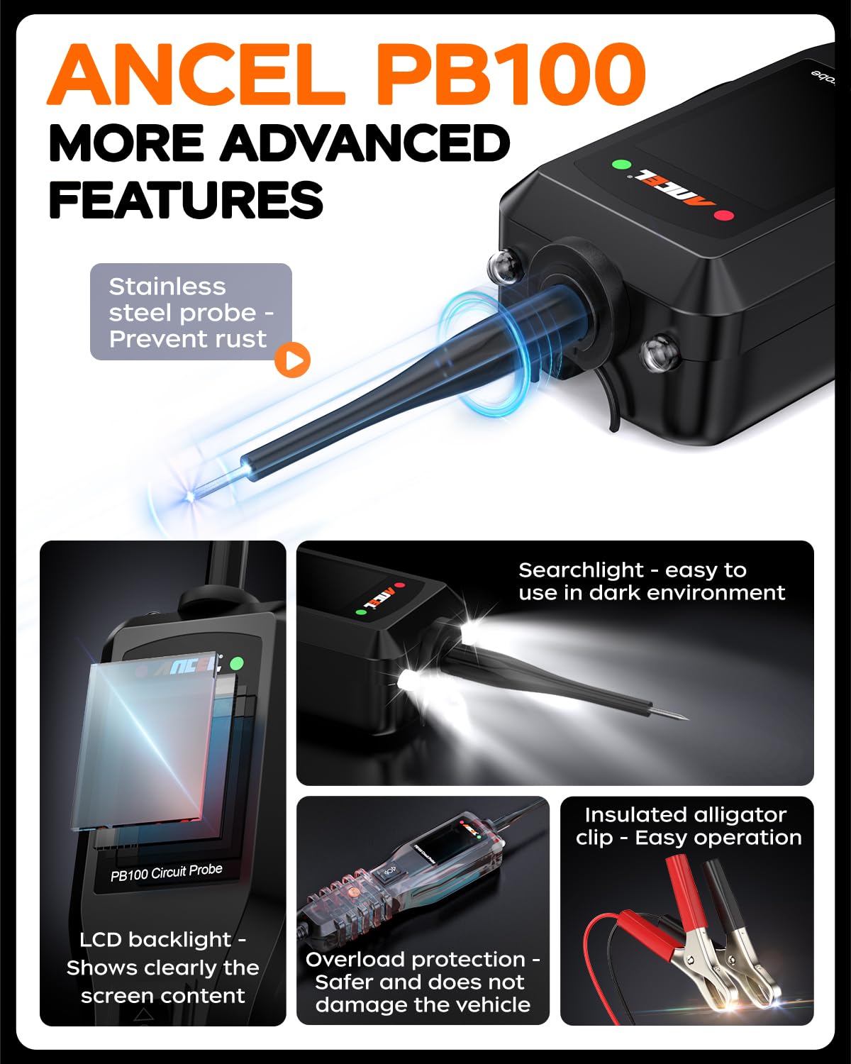 ANCEL PB100 Automotive Power Circuit Probe Tester, 12 24V Electrical Short/Open Breaker Finder, AC DC Diode Resistance Relay Tester, Continuity Test Digital Multimeter/Ohmmeters, 20 + 20FT Cable