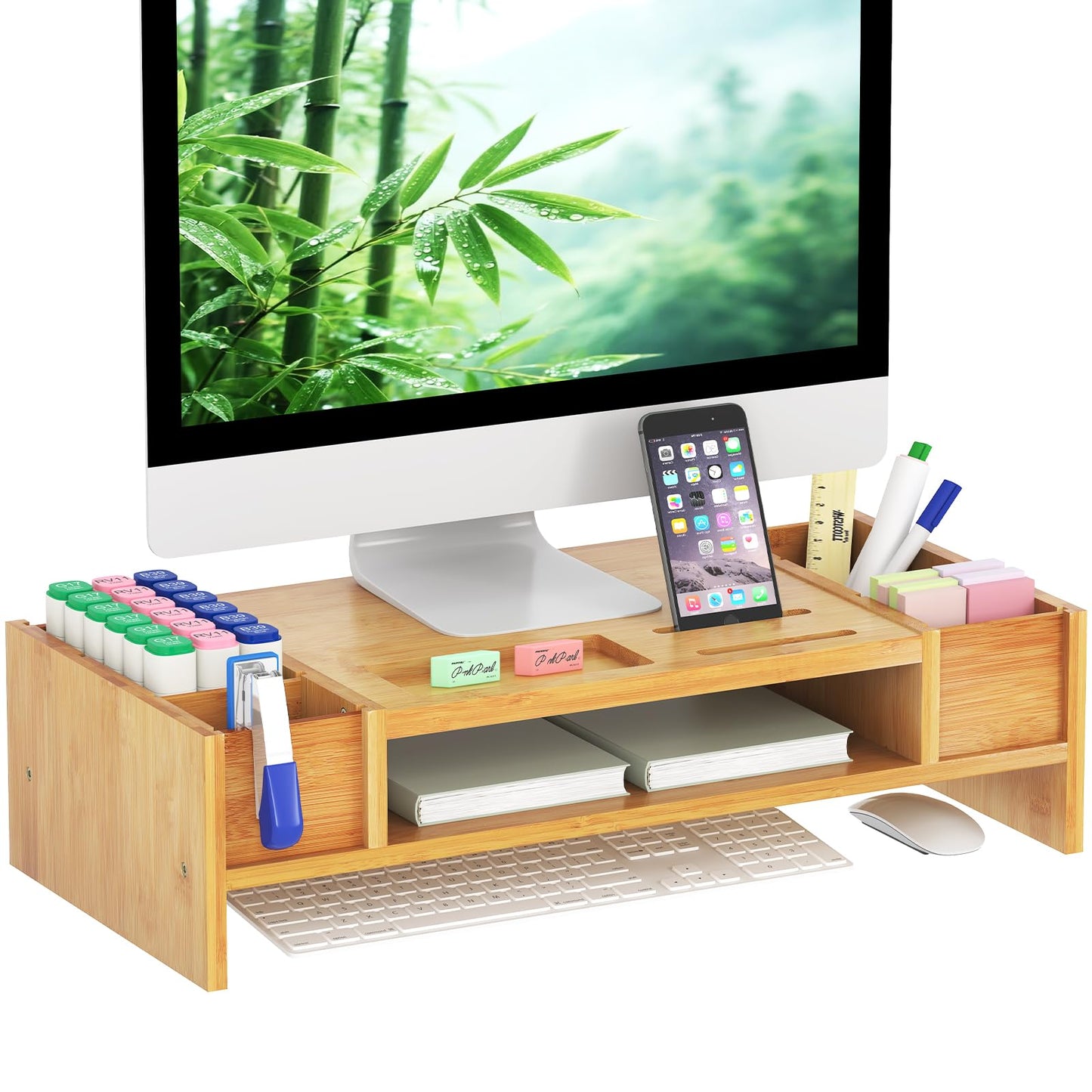 Ufine Bamboo Monitor Stand with Storage Compartments Ergonomic Computer Laptop Riser Small Space Organizer for Home Office