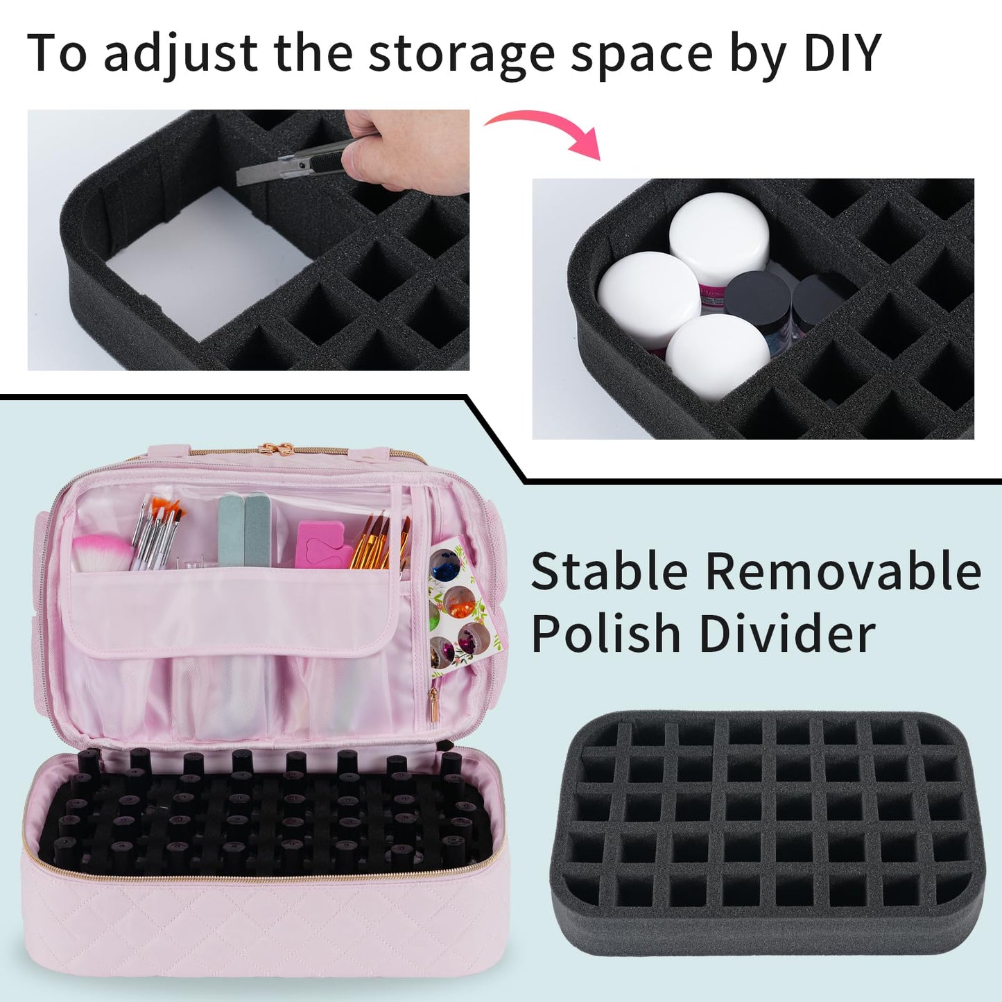 VOFIpremiAm Nail Polish Organizer Case Fits 1 Nail Lamp and 50 Bottles,Pretty Nail Organizers and Storage with Side Pockets for Nail Polish Remover,Manicure Tools (Patented,Bag Only)-Pale Pink