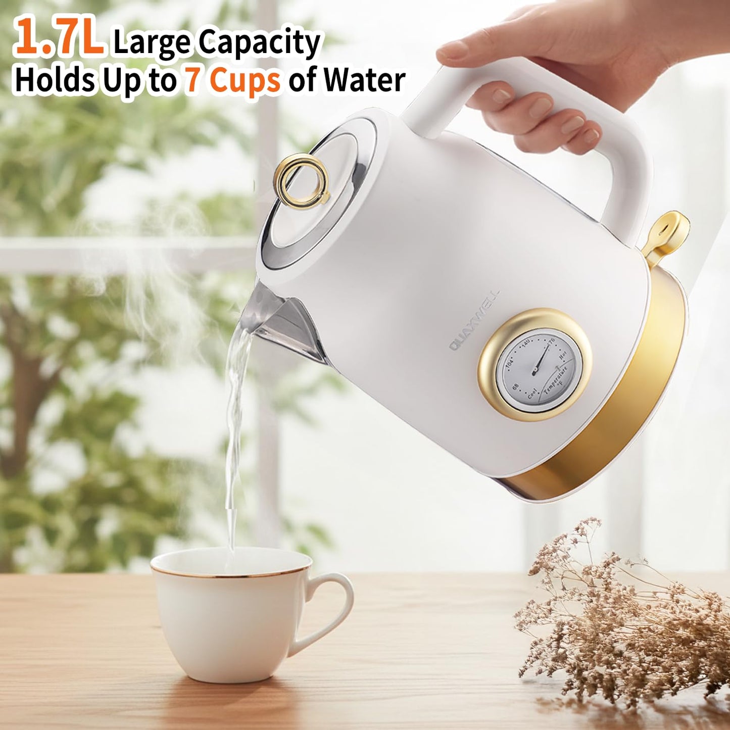 QUAXWELL Retro Electric Kettle, 1.7L 304 Stainless Steel Tea Kettle with Temperature Gauge, 1500W Fast Boiling Water Boiler,Auto Shut-Off & Boil-Dry Protection, BPA-Free, Matte White and Gold