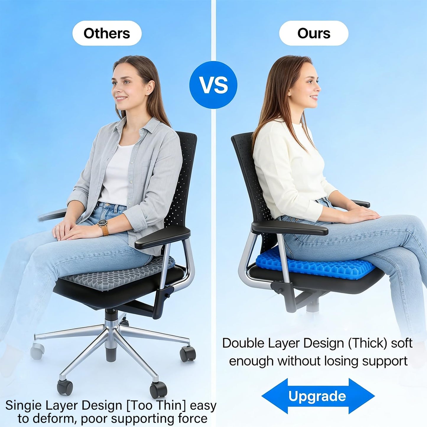 Volosso Gel Seat Cushion, Cushion, Gel Seat Cushion for Long Sitting, Breathable Honeycomb Design Absorbs Pressure Points Chair Pad, for Office Chair, Wheelchair, Car & Truck (42 * 36 * 4.5cm)