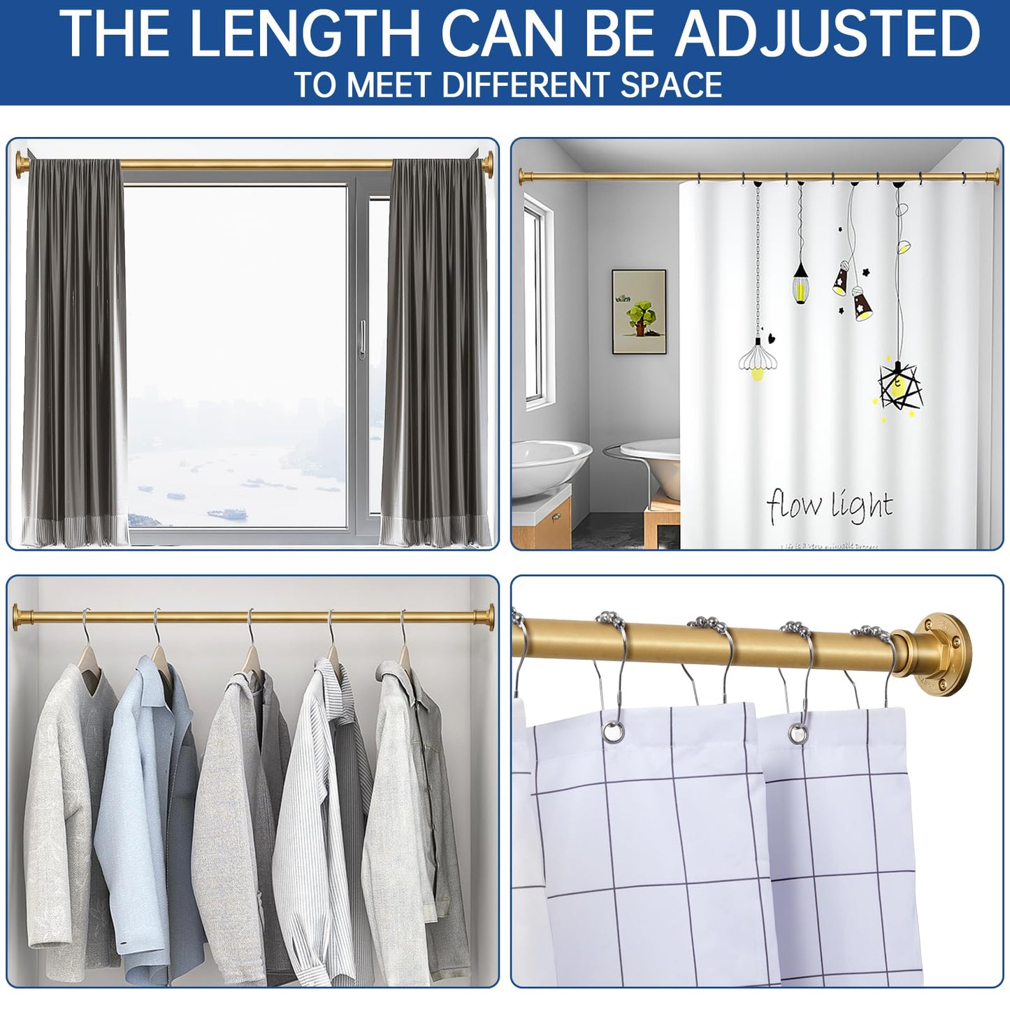 BRIOFOX Industrial Shower Curtain Rod - 2-in-1 Design Tension Curtain Rod - Rustproof Non-Slip 43 to 72 Inch Metal Steel, Frosted Gold Painted Window Curtain Rod