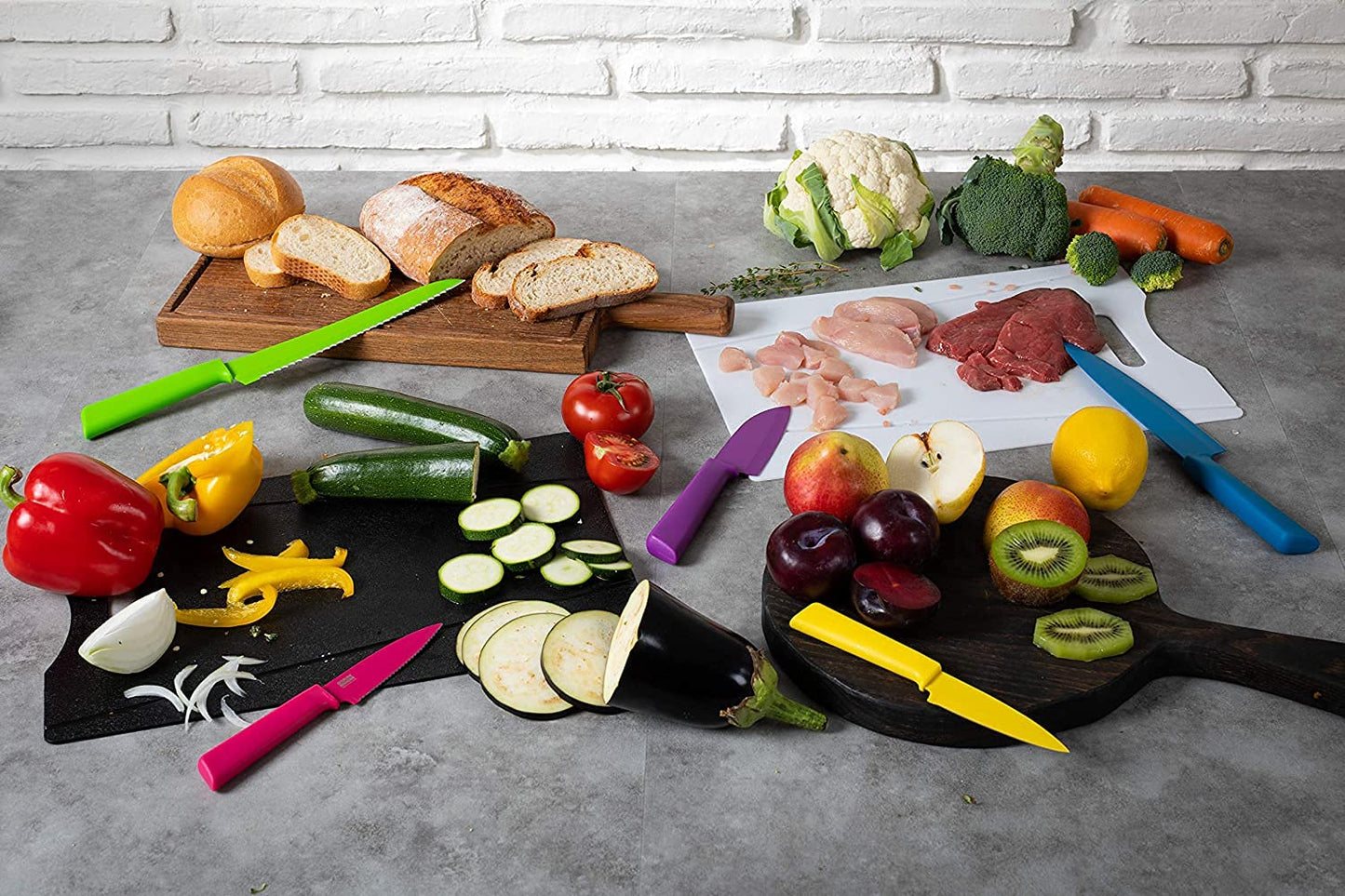 Kuhn Rikon COLORI+ Mixed Knife Set with Non-Stick Coating and Safety Sheaths, Set of 3, Green, Red and Graphite Grey