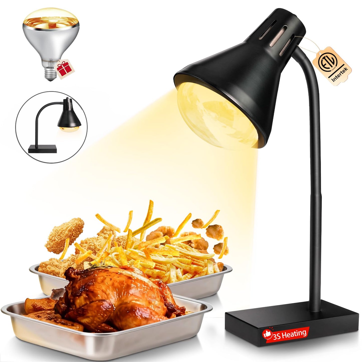 Food Heat Lamp [3S Fast & Uniform Heating] [Compact Design] Commercial Food Warmer Light, 250W Heat Lamp for Food, Warming Lamp for Parties, Buffet, Restaurant, Kitchen, Home Use (Black)