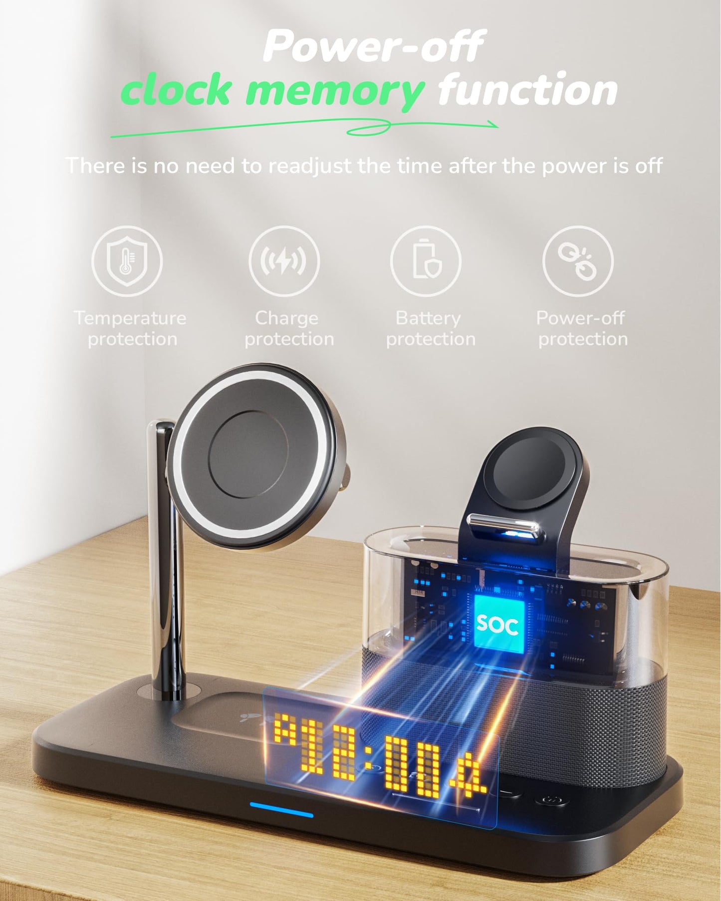 5 in 1 Wireless Charging Station for Apple,Mag-Safe Charger with Alarm Clock Night Light for Multiple Devices,Nightstand Charging Station for iPhone 17/16/15/14/13/12,Apple Watch Series,Air-Pods