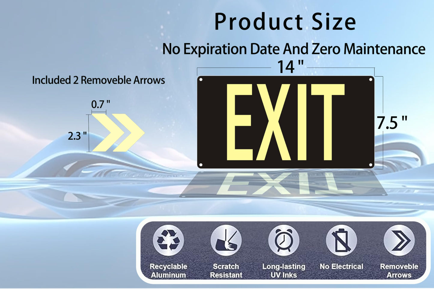 (2 Pack) Photoluminescent Exit Sign Black - Aluminum -14 x 7.5 x 0.04 Sign,With Removable Directional Arrows, With Strong Self Adhesive Tape.