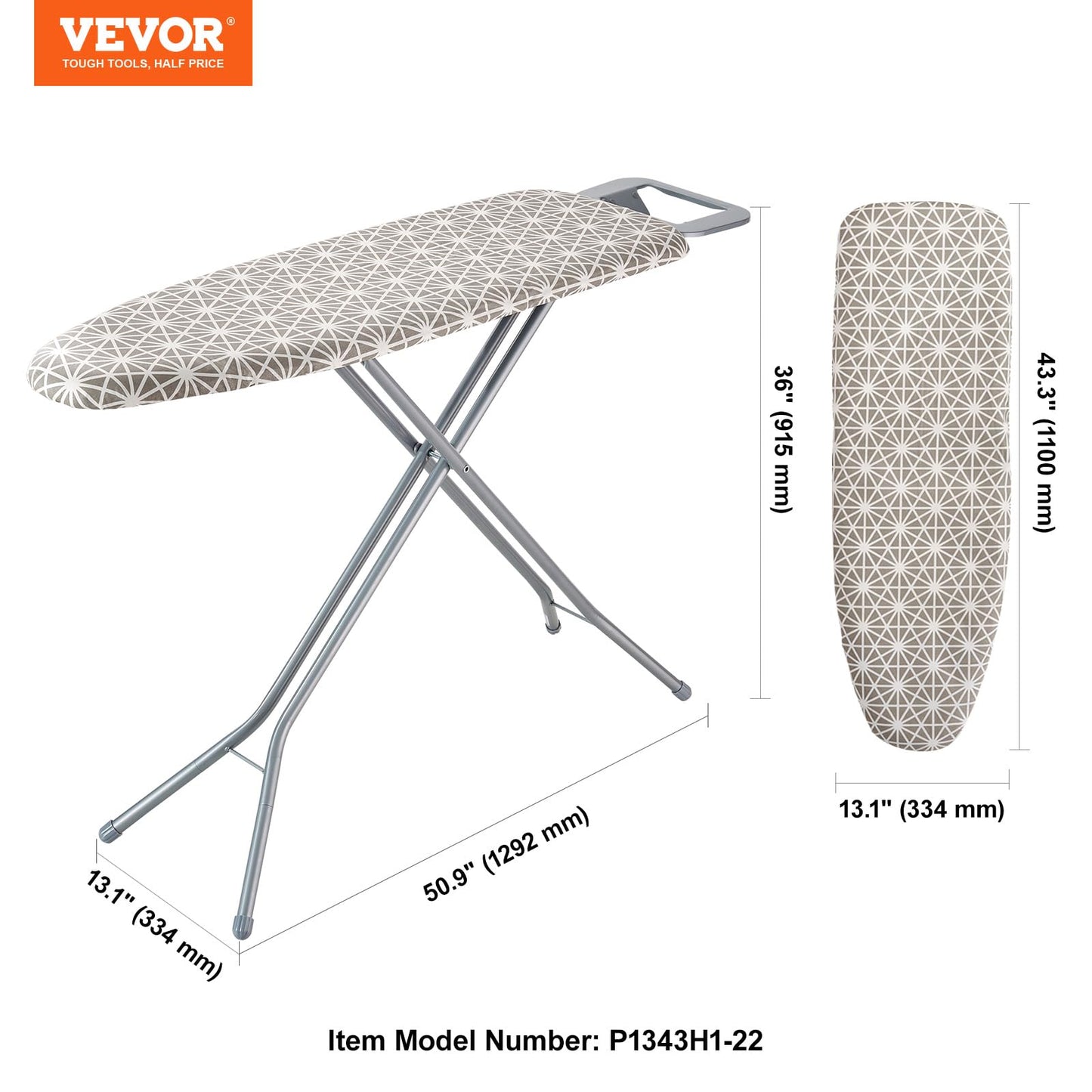 VEVOR Ironing Board with Large 43 x 13 Ironing Surface, Thickened 4 Layers Iron Board with Heat Resistant Cover and 100% Cotton Cover, 7 Adjustable Heights Ironing Board for Home Laundry Room Use