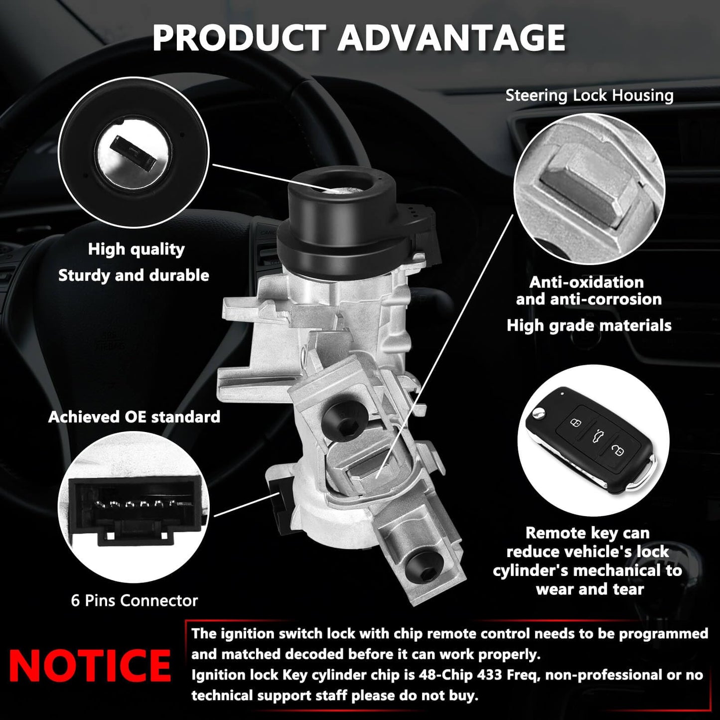ZAIGANMA 1K0905851B Ignition Switch Lock Cylinder with Key for MK6 2006-2008 2009-2019 VW Jetta Passat, 2004-2007 2010 2011 Golf EO Rabbit Tiguan Ignition Starter Switch, Replace 1K0905841 1K0905865