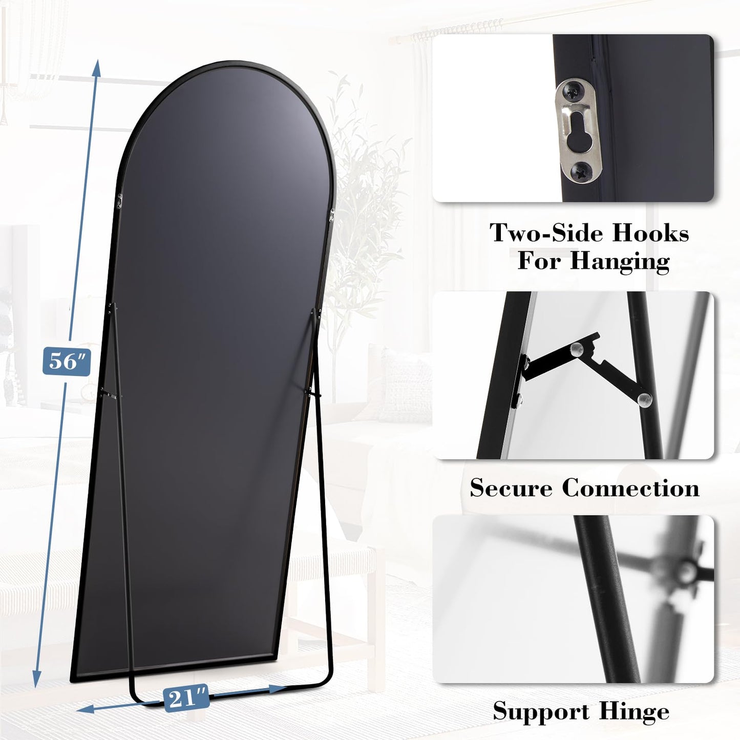 DUMOS Arched Full Length Mirror, 56"x21" Full Body Floor Standing Mirror with Aluminum Frame and Shatter Proorf Nano Glass, Modern Wall Hanging Leaning for Living Room, Home Decor, Black