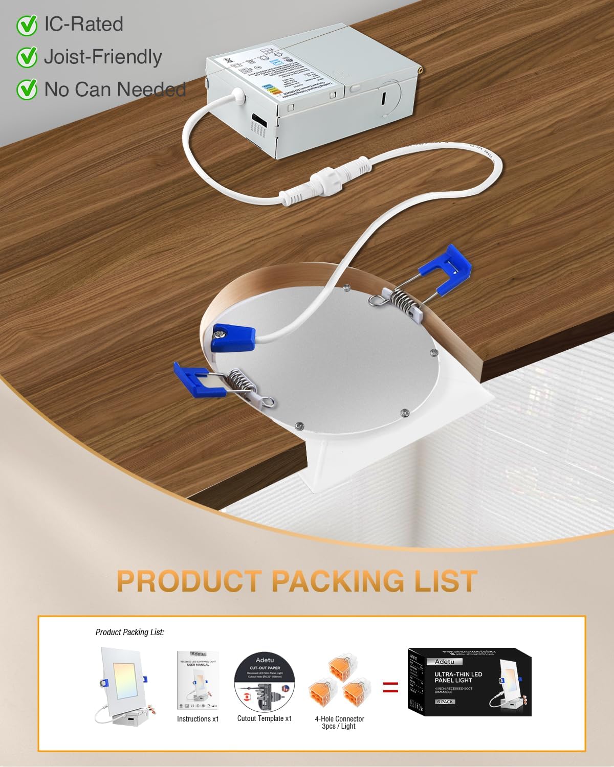 Adetu 6 Pack 6 inch Square Led Recessed Lighting,5CCT Ultra Thin Square Led Ceiling Light with Junction Box,14W 1190LM,CRI90,2700K-5000K Selectable,Dimmable Canless Downlight,ETL and Energy Star