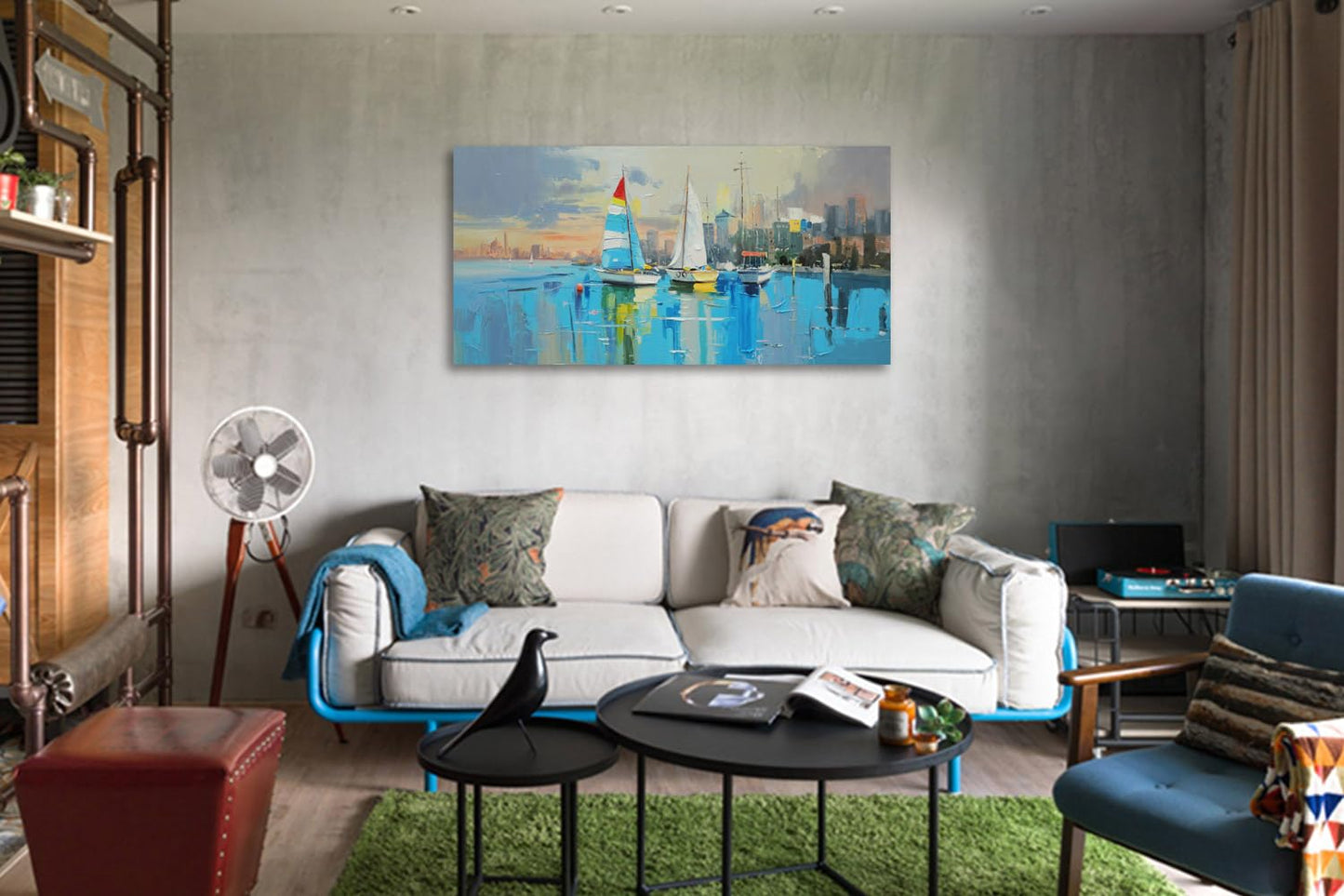 Anolyfi Abstract Sailboat Canvas Wall Art Sunset Landscape Picture Coastal Cityscape Panoramic Painting Textured Artwork Large Framed for Living Room Bedroom Bathroom Kitchen Office Home Decor 40"x20"