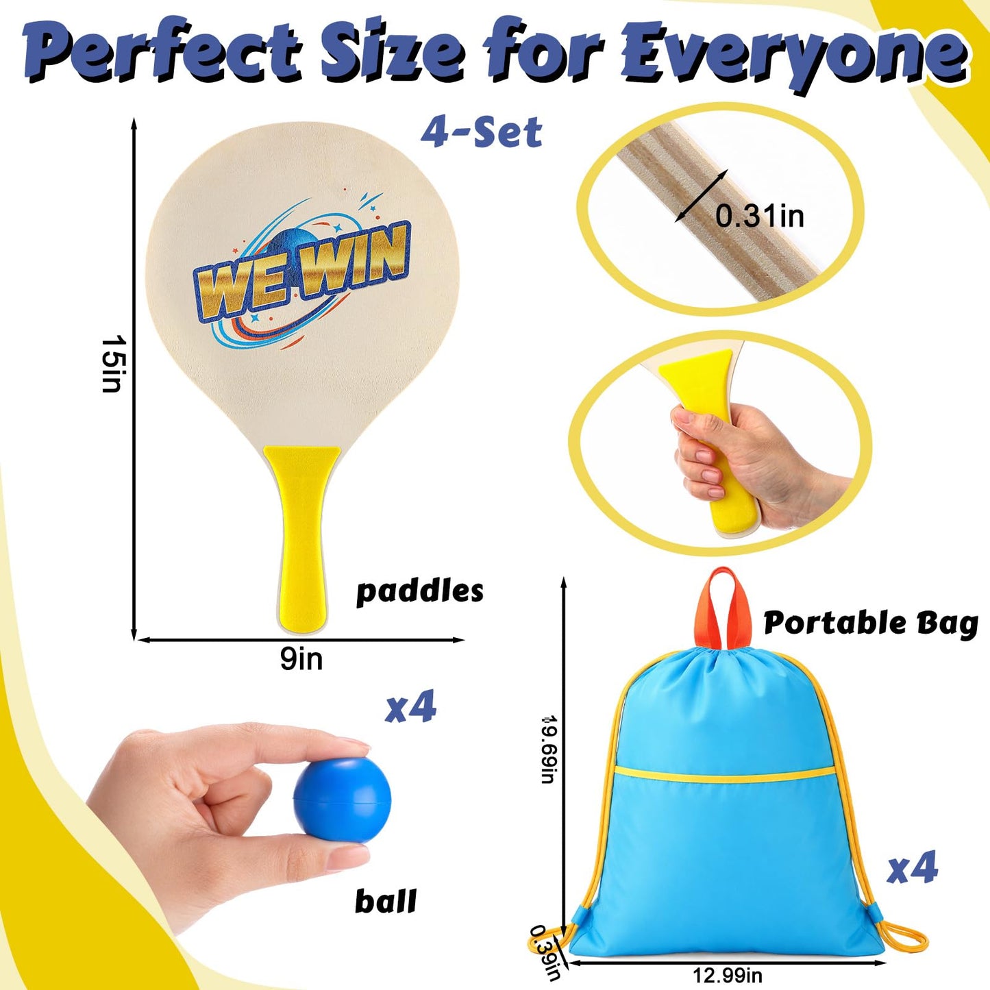 Junkin 4 Pairs Beach Paddle Ball Racket Set with 8 Rackets 4 Paddle Ball and 4 Drawstring Bag Paddleball Rackets for Indoor Outdoor Beach Game Yard Lawn Party Supplies