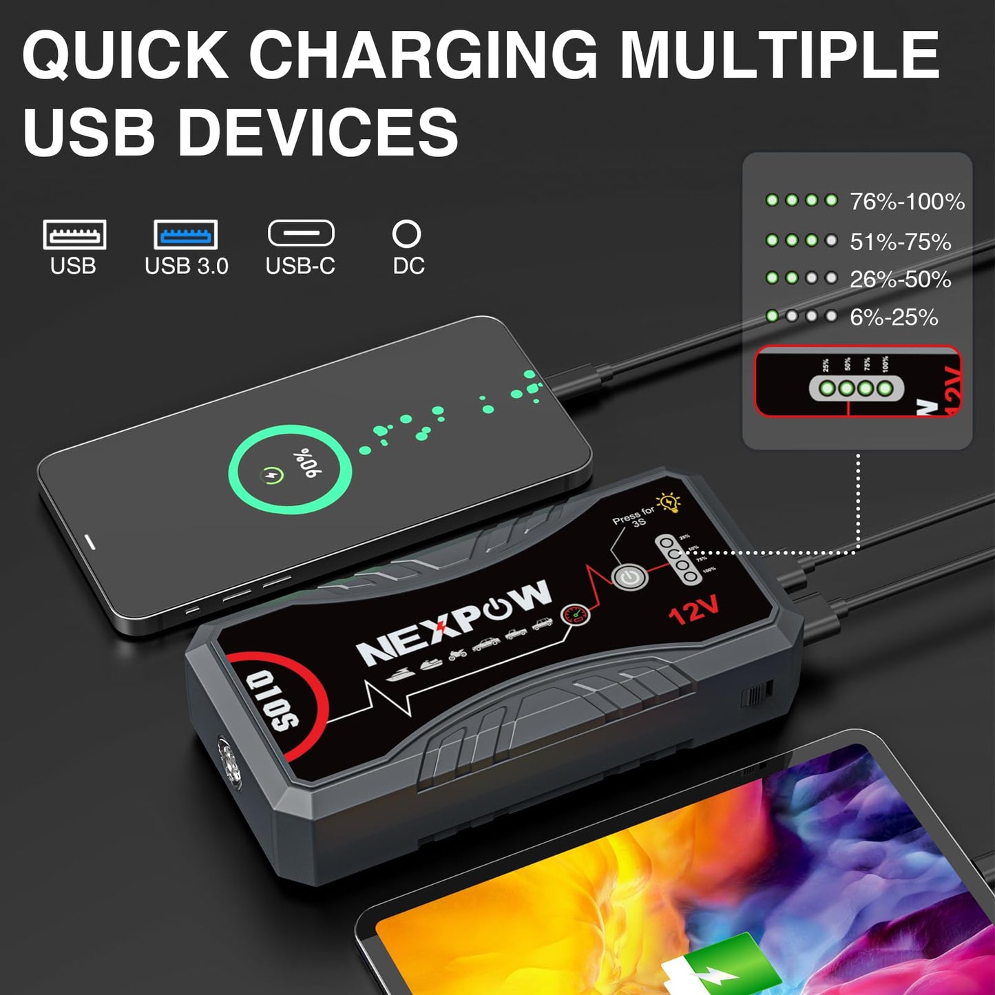 NEXPOW 3000A Peak Car Jump Starter for Up to 9.0L Gas and 7.0L Diesel Engines, 12V Portable Battery Booster Pack with QC3.0 Fast Charging, Lithium Jump Box for Truck SUV Motorcycle with LED Flashlight
