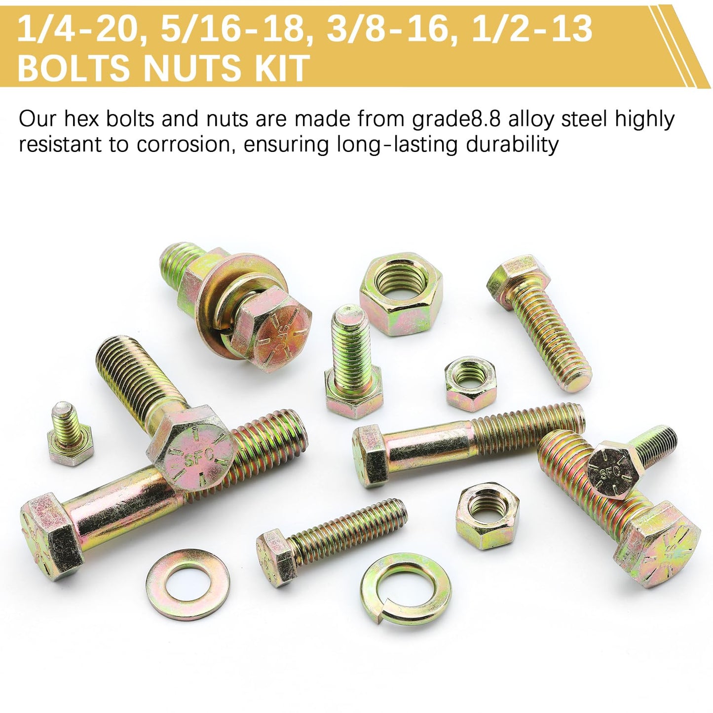 610 PCS Grade8.8 SAE Bolt and Nut Assortment,1/4 5/16 3/8 1/2 Heavy Duty Hex Head Bolts and Nuts Kit with Yellow Zinc Plated, Includes 18 Common Size,Length from 11-65mm