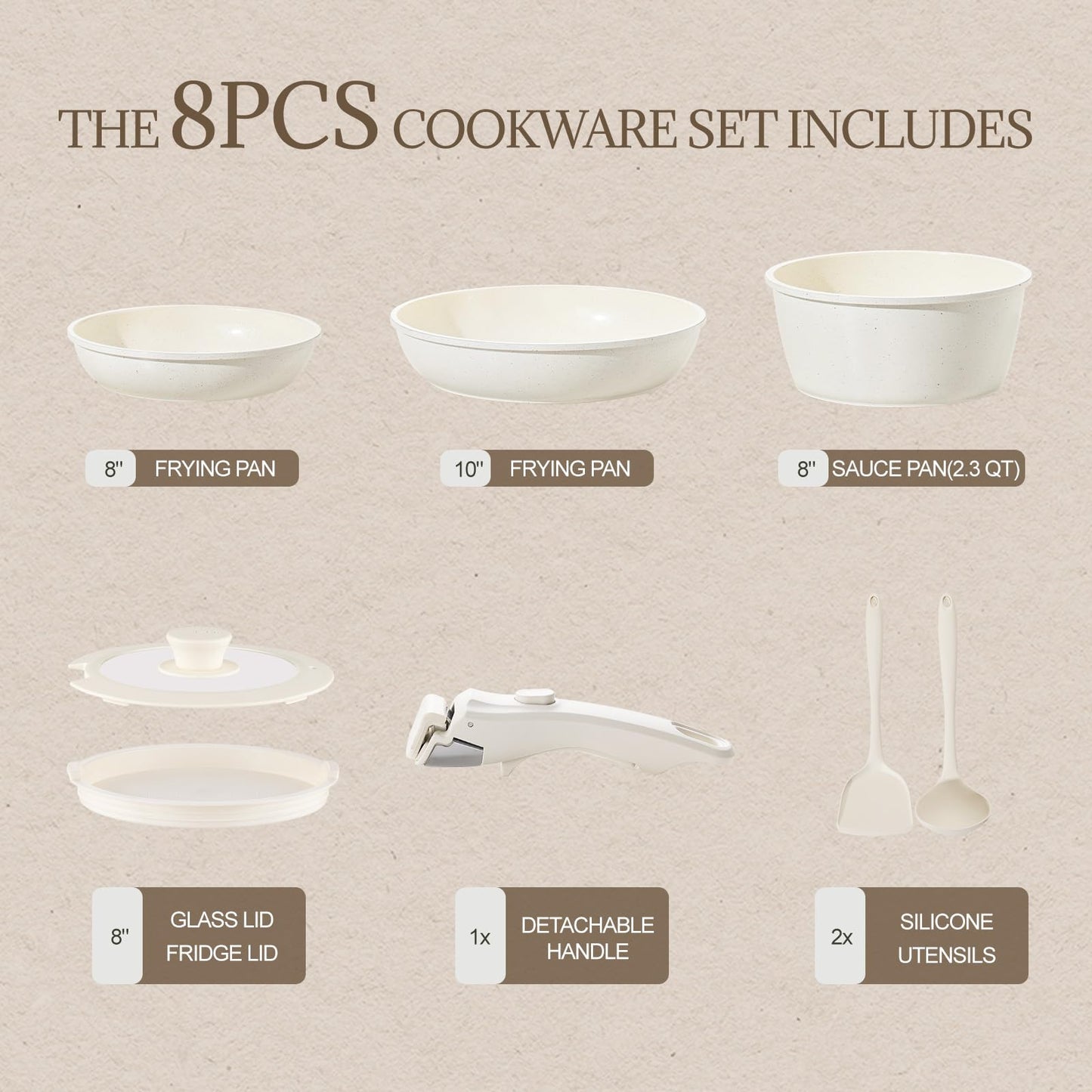 Ceramic Cookware Set Non Stick 8Pcs Pots and Pans Set Detachable Handle Induction Kitchen Cooking Set with Frying Pans Oven Dishwasher Safe, PFAS/PFOA Free, Cream White